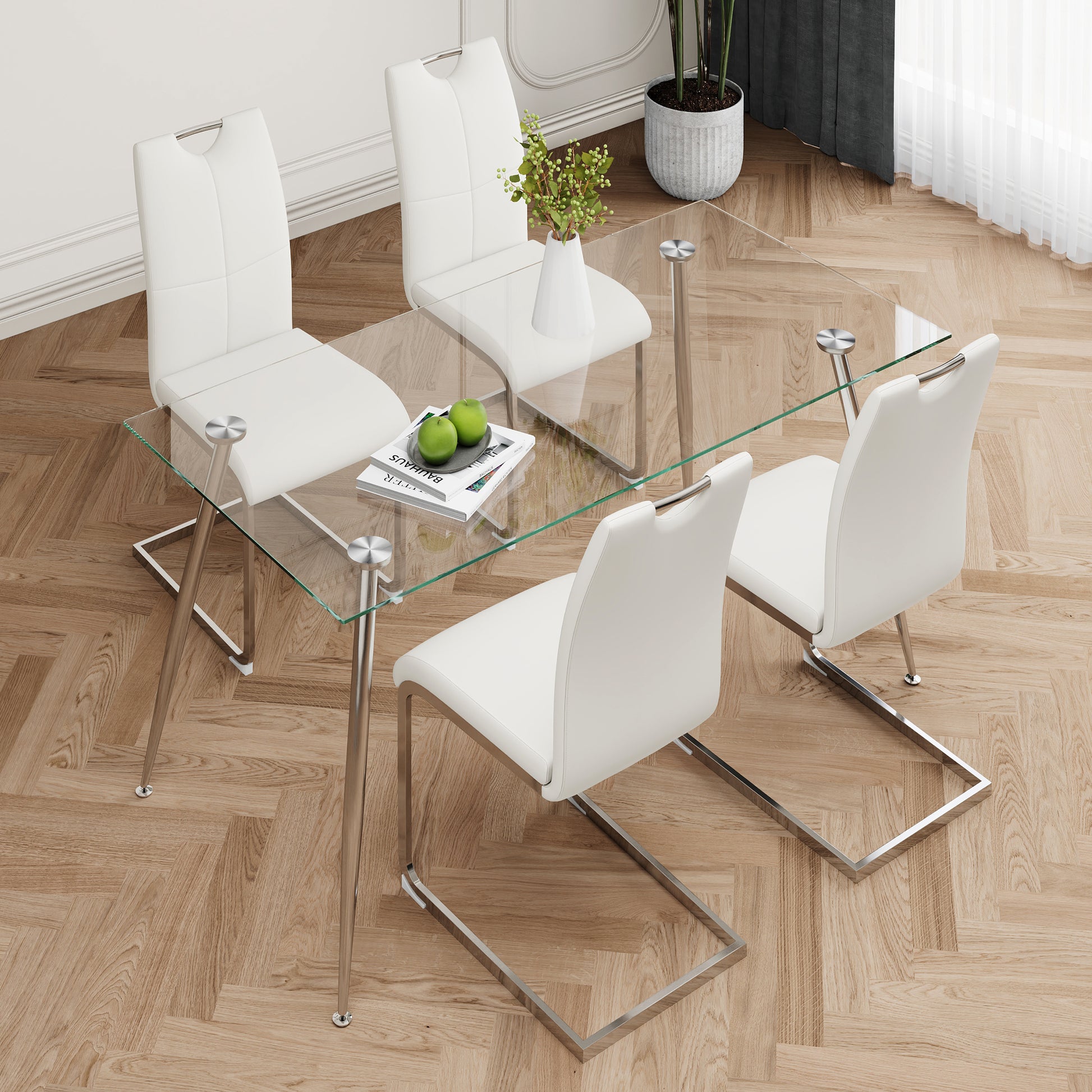 Modern Simple Rectangular Glass Dining Table, Solid Tempered Glass Tabletop, Electroplated Table Legs, White Pu Dining Chair Set, Suitable For Restaurant Kitchen Use Set Of 5 Upholstered Chair Glass White Pu Seats 4 Metal Rectangular Dining Table With