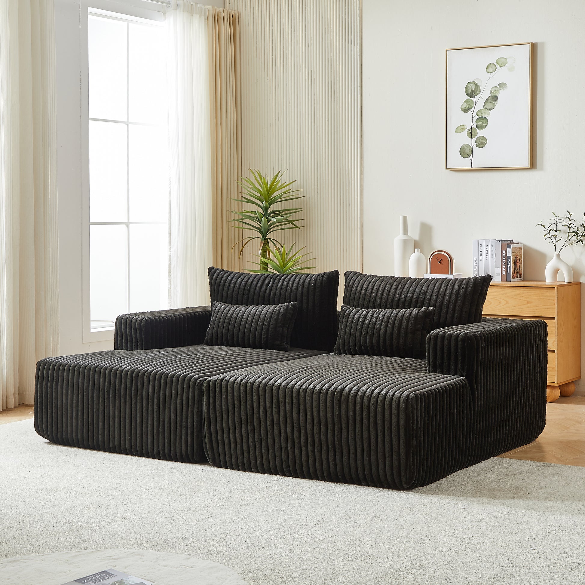 87" Oversized Sectional Lounge Chaise ,No Assembly Required,Cloud Plush Loveseat With Reclining Sofa Bed,Fluffy Modern Sleeper Chair For Indoor Living Room Bedroom Black Corduroy 2 Seat