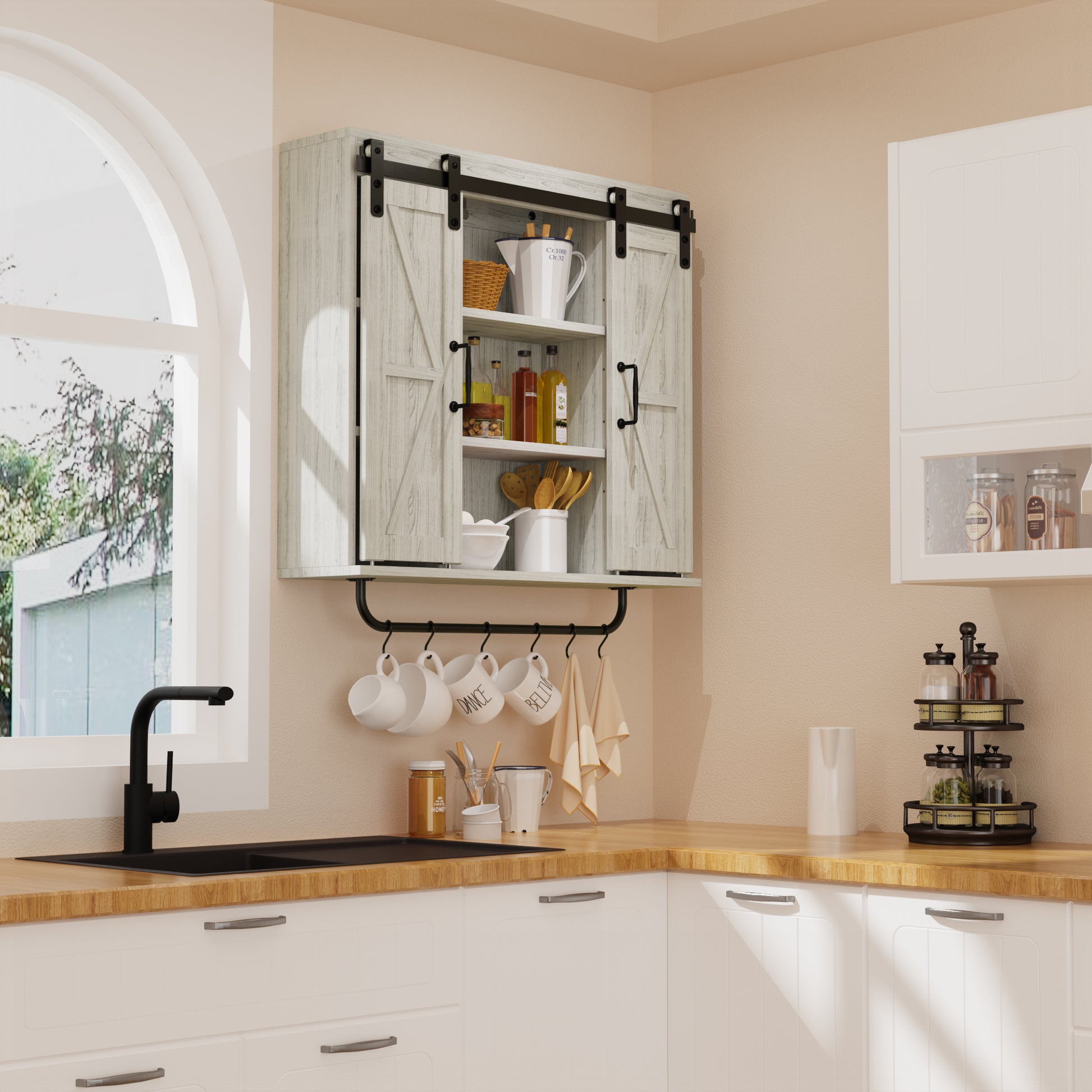 Rustic Wood Wall Storage Cabinet With Two Sliding Barn Door, 3 Tier Decorative Farmhouse Vintage Cabinet For Kitchen Dining, Bathroom, Living Room, Vintage Gray Gray Adjustable Shelves Particle