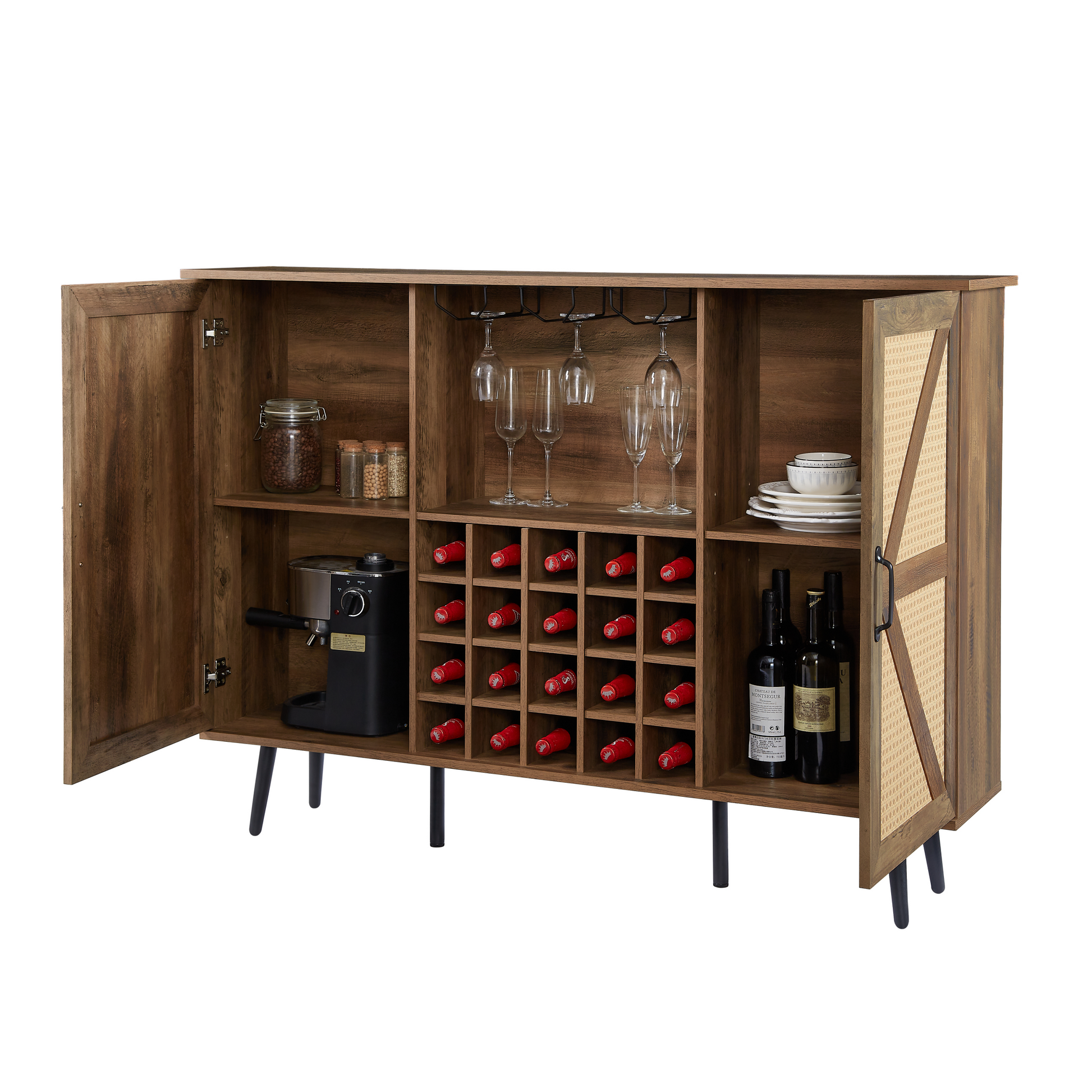 Oak Color Faux Rattan Barn Door Wine Cabinet With Wine Rack And Wine Glass Rack, Double Door Design With Removable Shelves, Rustic Wood Storage Cabinet Oak Particle Board Mdf