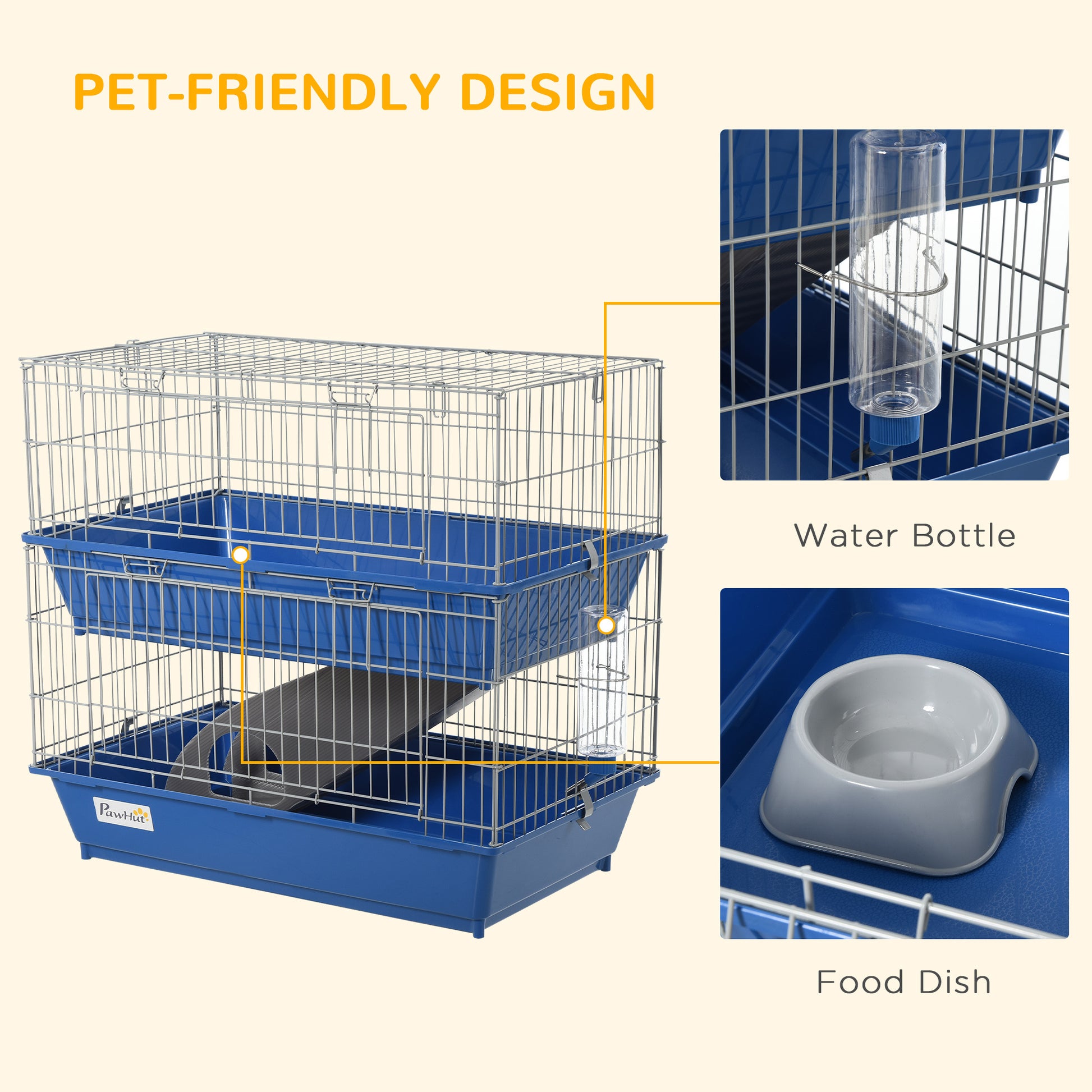 Pawhut 2 Tier Guinea Pig Cage, Ferret Cage, Chinchilla Cage, Small Animal Cage Indoor With Dish And Bottle, 2 Doors, Deep Bottoms, Ramp, 28", Blue Blue Iron Plastic