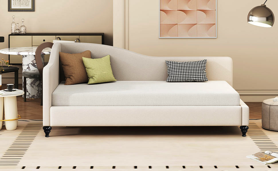 Twin Size L Shaped Linen Daybed, With Solid Wood Legs, Beige Old Sku: Sf000145Aaa Twin Beige Linen Mdf