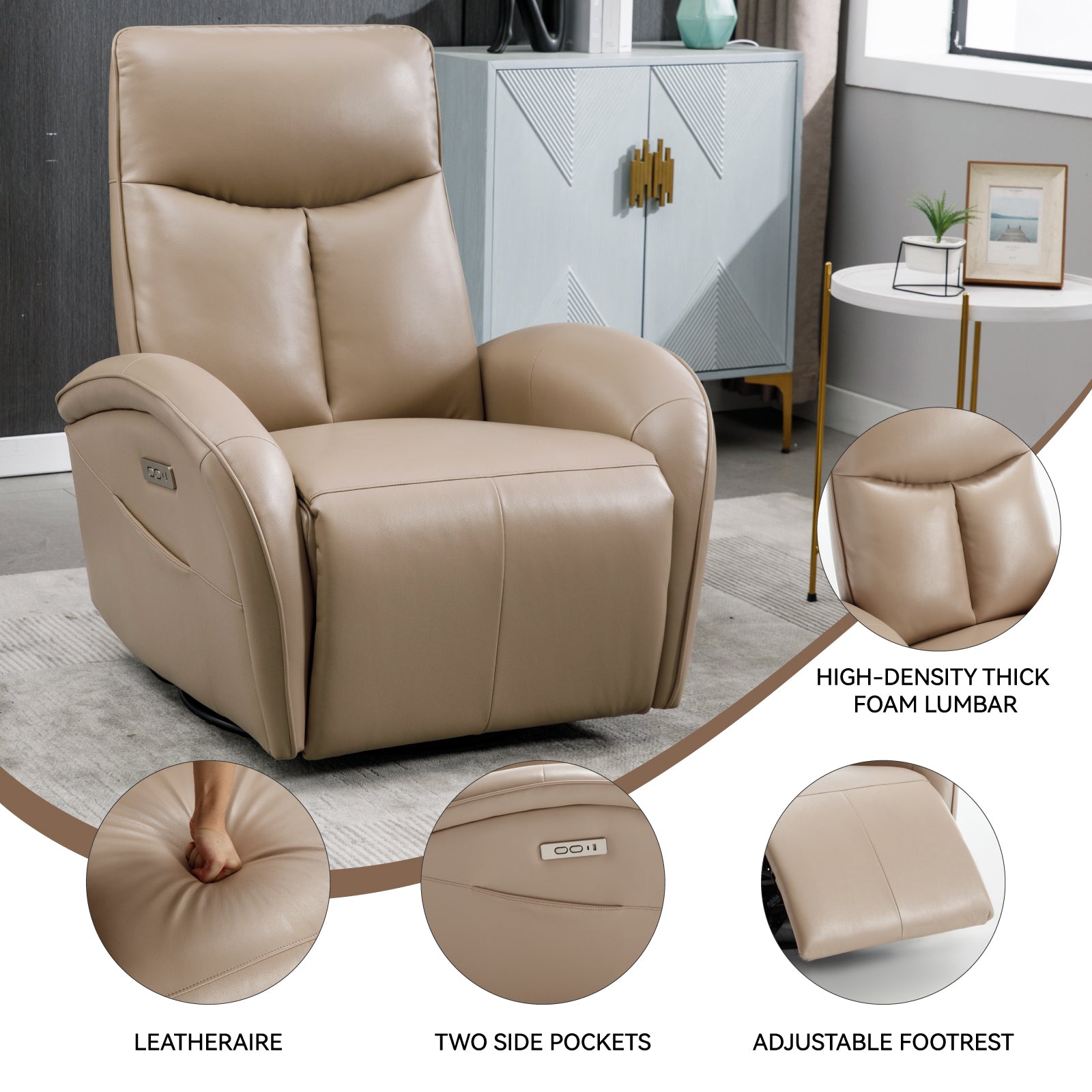 Brown Leatheraire Swivel And Rocker Power Recliner Chair With Lumbar Support, Max Swivel Degree 270 , Heavy Duty Motion Mechanism With Usb And Type C Ports Brown Faux Leather Power Push Button Metal Primary Living Space Medium Firm Pillow Back Heavy Duty