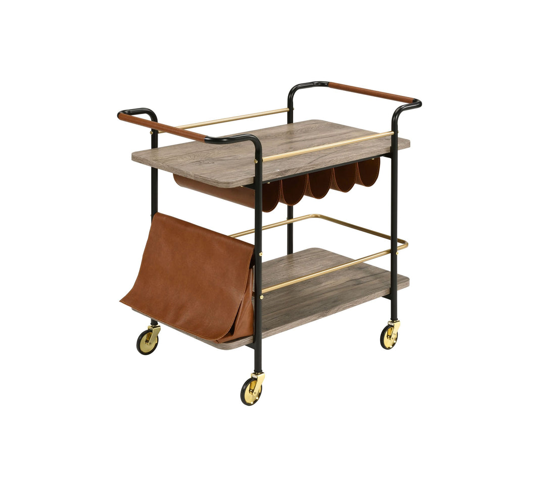 Natural, Gold And Black Serving Cart With Wine Storage Natural Black Dining Room Kitchen Carts Wood Metal