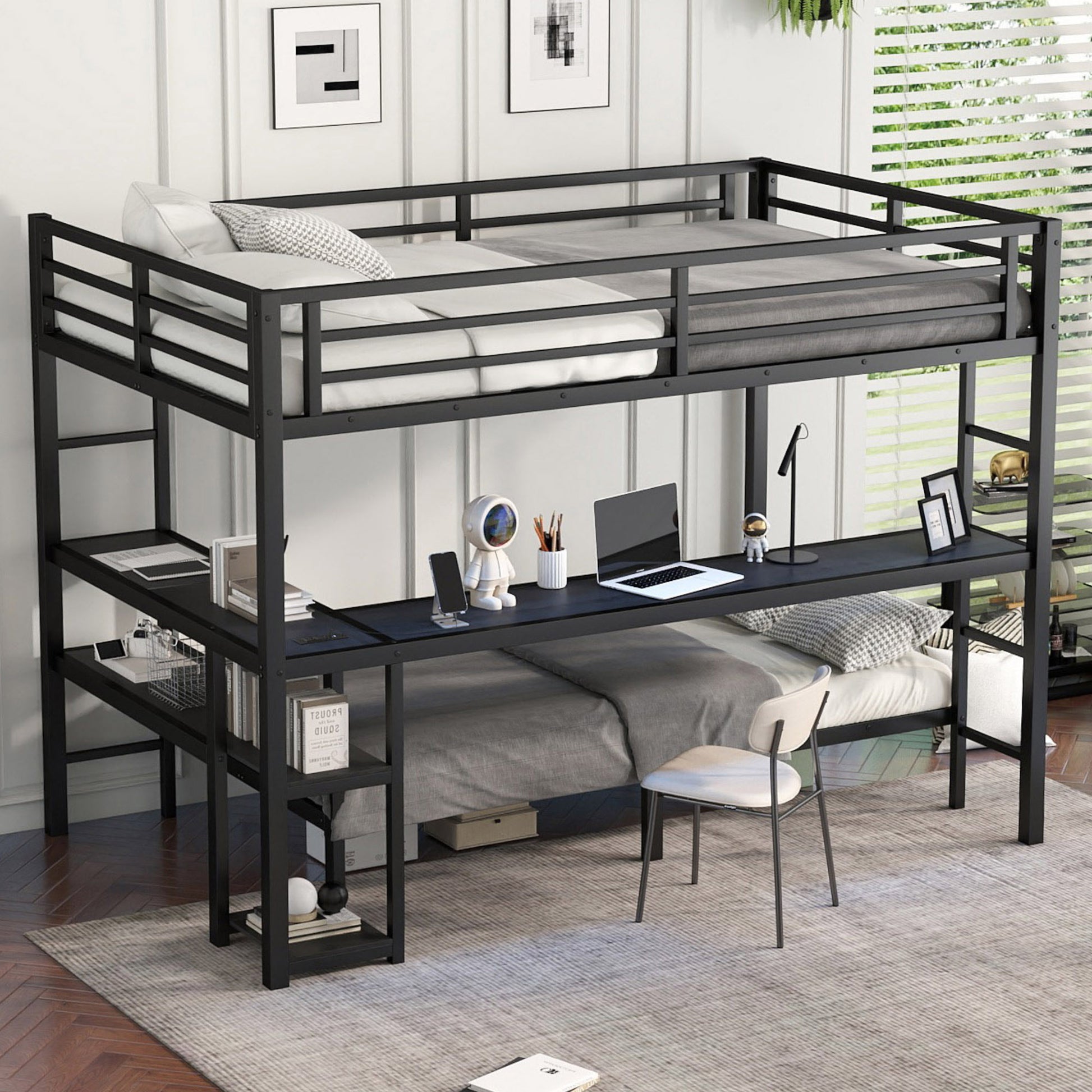 Full Xl Over Twin Bunk Bed With Desk And Shelves, Multiple Placement, With Led And Usb, Black Black Metal