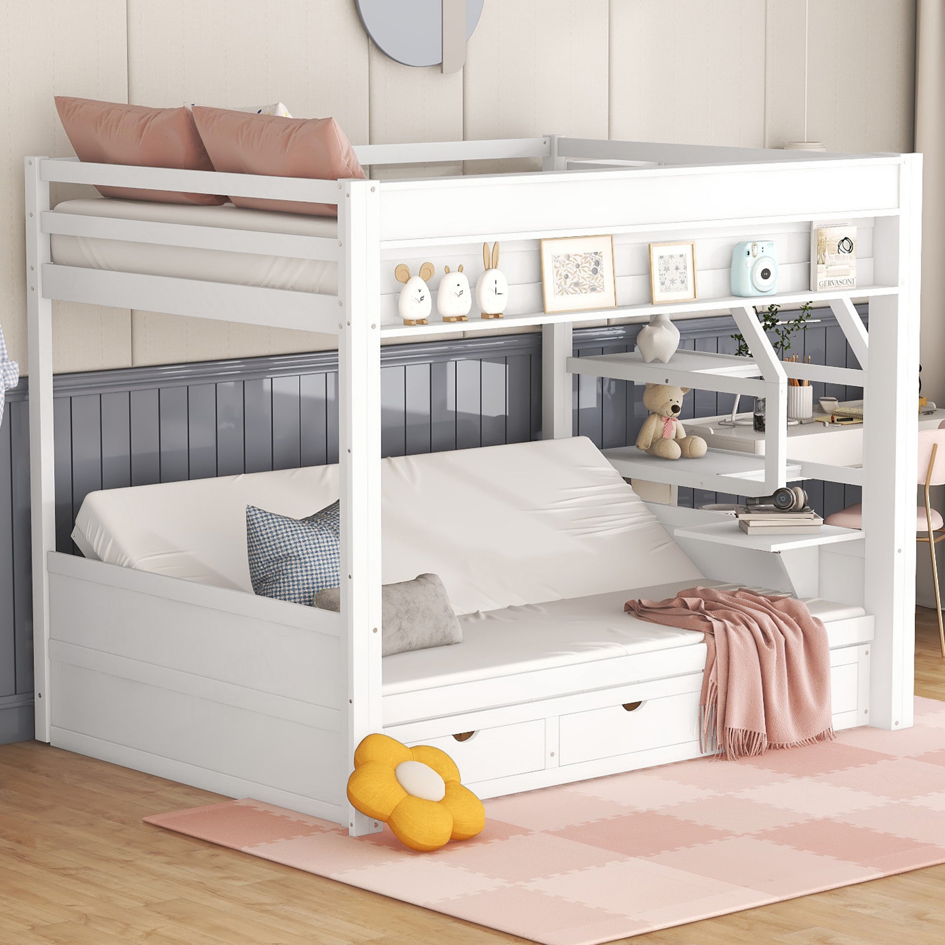 Wood Full Size Convertible Bunk Bed With Storage Staircase, Bedside Table, And 3 Drawers, White White Solid Wood Mdf