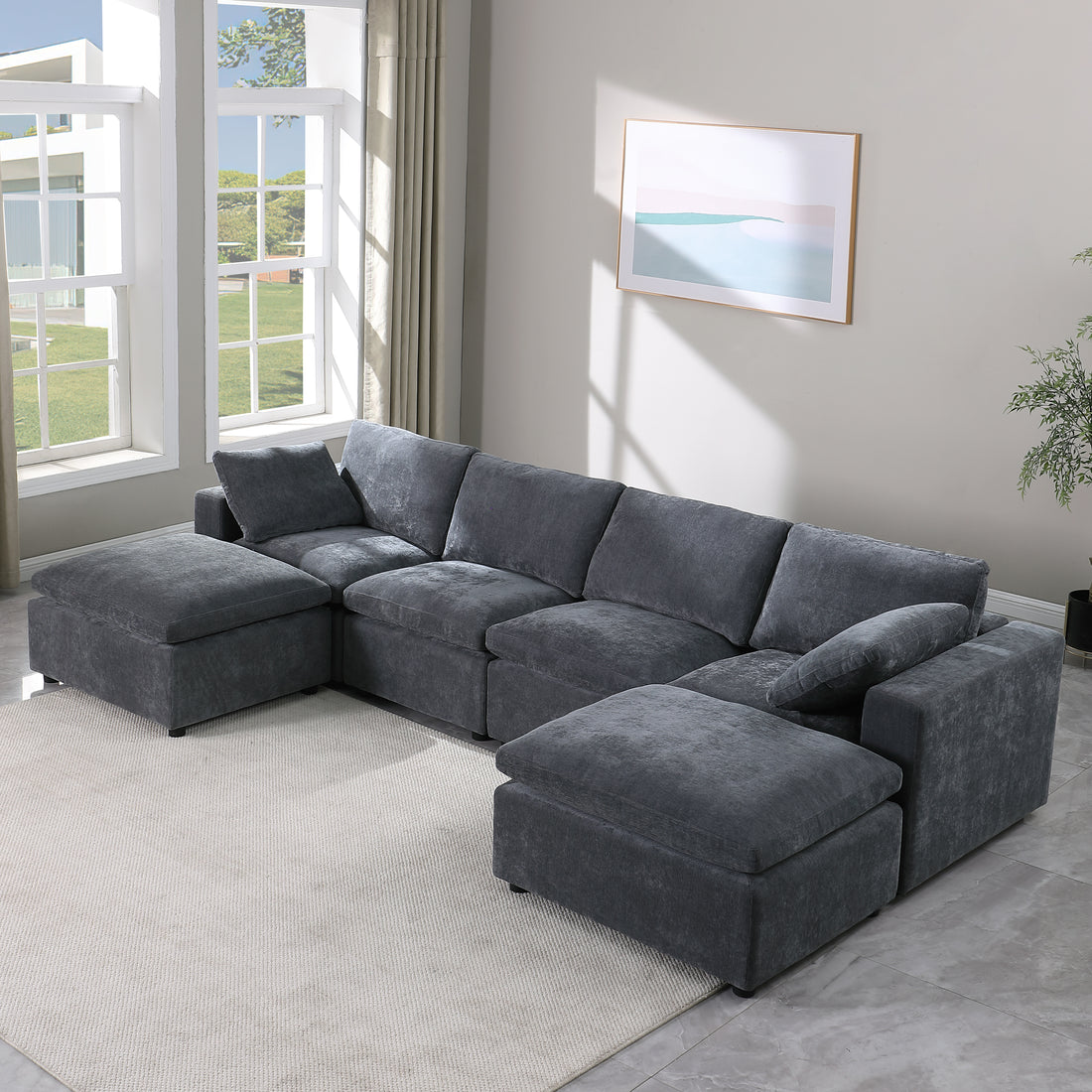 123.6" Modular Sectional Sofa, Convertible U Shaped Sofa Couch, Modular Sectionals With Ottomans, 6 Seat Sofa Couch With Reversible Chaise For Living Room. Chenille Grey Grey Chenille Fabric 6 Seat