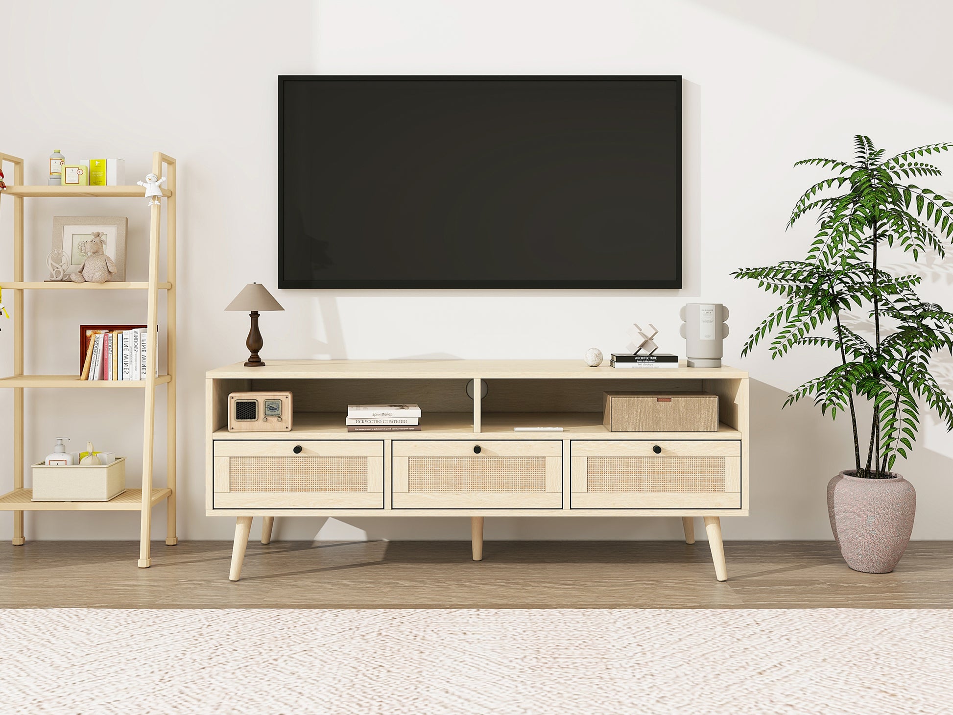 Rattan Tv Stand With Solid Wood Feet, Tv Console Table For Living Room, Natural Oak Particle Board