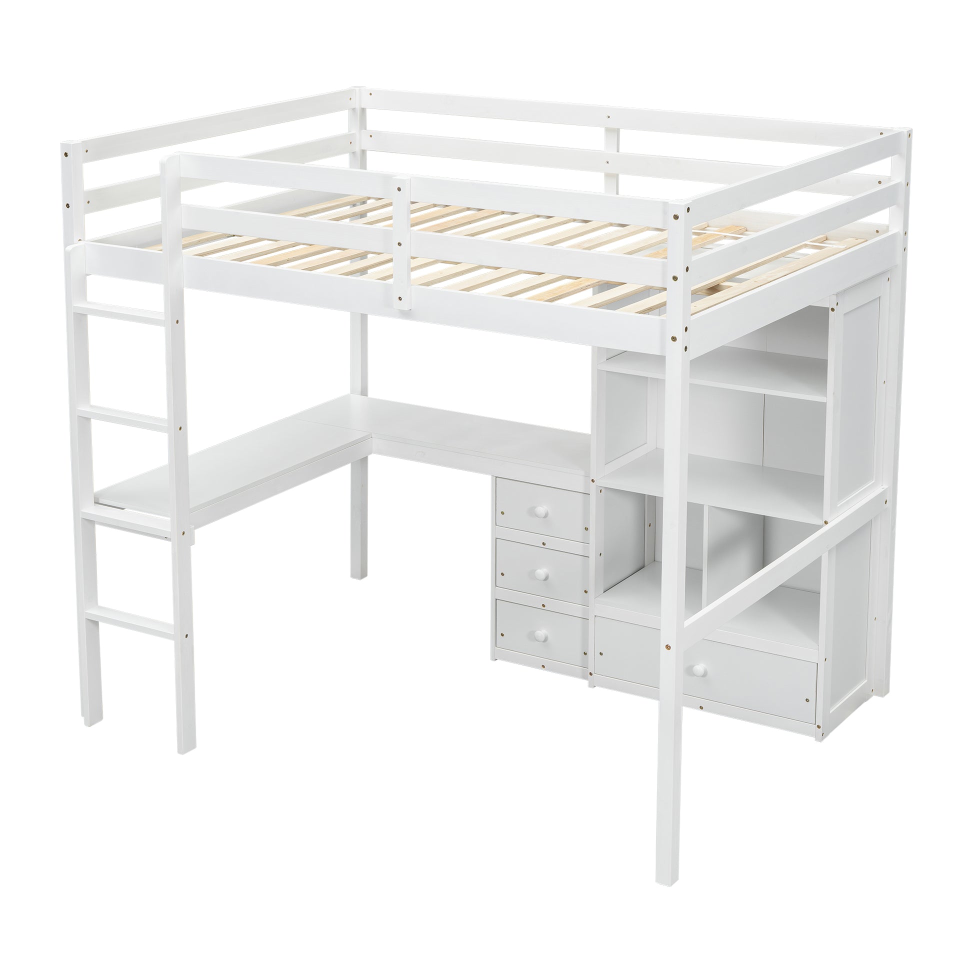 Full Size Loft Wood Bed With Desk, Storage Shelves And Drawers, Built In Ladder, High Loft Bed With Desk, Storage Shelves And Drawers,Guardrails,White Full White Pine