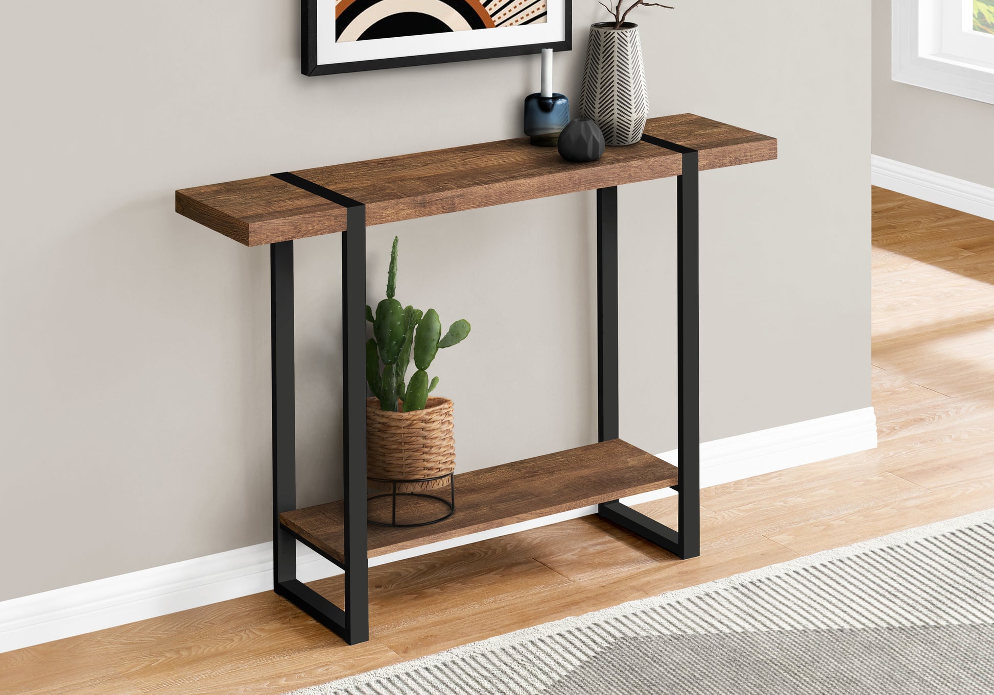 Accent Table, Console, Entryway, Narrow, Sofa, Living Room, Bedroom, Brown Laminate, Black Metal, Contemporary, Modern Brown Mdf