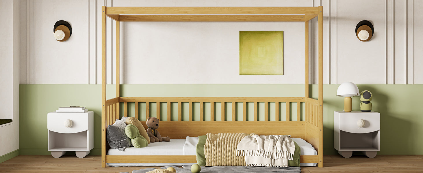 Twin Size Canopy Bed Frame With Guardrails For Kids,Floor Bed Twin With Four Poster Design,Kids Montessori Floor Bed,Wood Canopy Bed Frame For Girls,Boys Twin,Natural Box Spring Required Twin