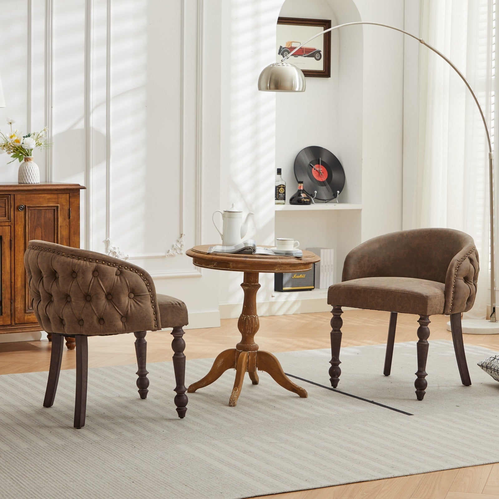 Hand Pulled Buckle Decoration Pu Dining Chair,Accent Leisure Chair, Mid Century Modern Arm Chair With Solid Wood Armrests And Legs, 1 Seat Cushioned Sofa For Living Room Bedroom,Brown Color,Sw1865Br Brown American Design Rubberwood Foam Pu
