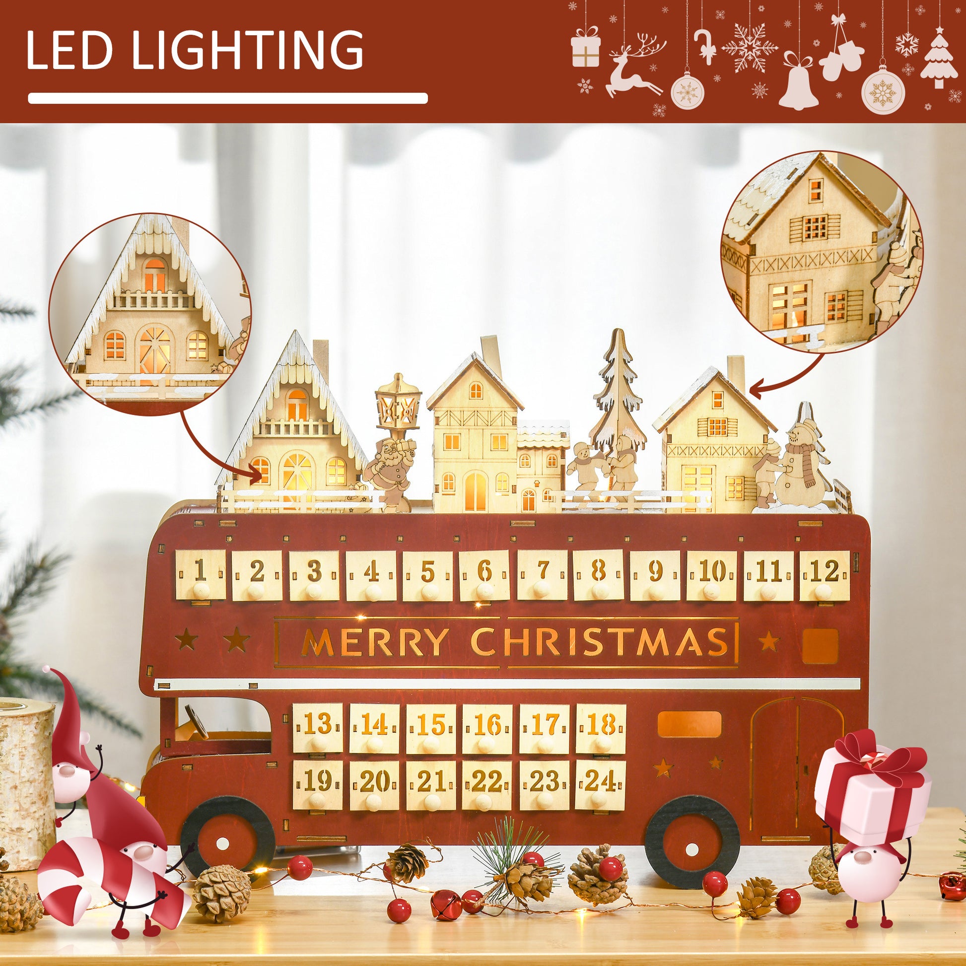 Homcom Christmas Advent Calendar, Light Up Table Xmas Wooden Bus Holiday Decoration With Countdown Drawer, Santa Claus Street House, For Kids And Adults Red Plywood