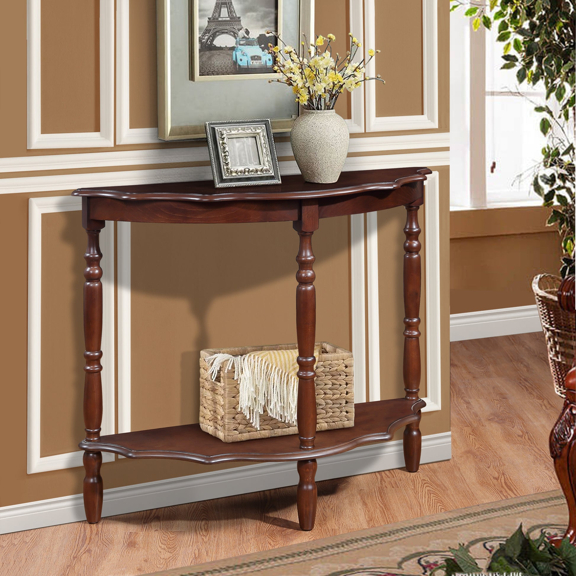 42'' Retro Circular Curved Half Moon Console Table With Cloud Design Top And Open Shelf Solid Wood Frame And Legs, Light Espresso Light Espresso Retro Pine