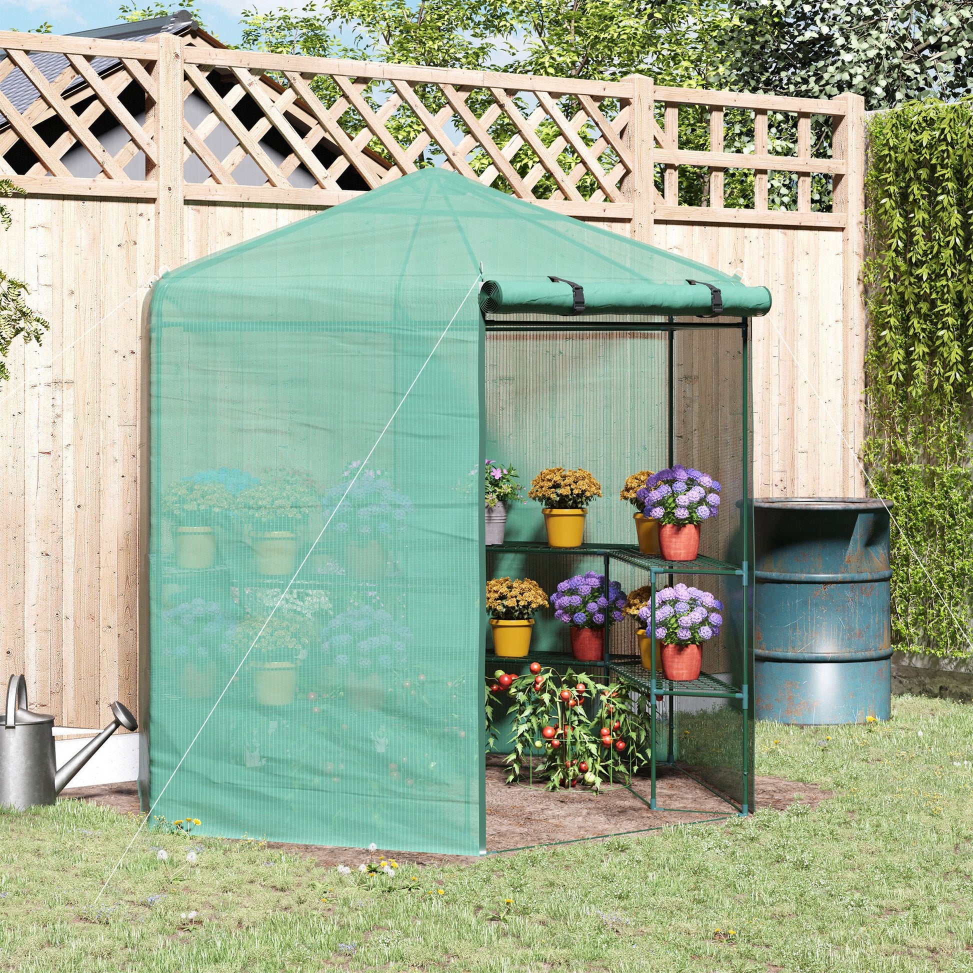 Outsunny Walk In Greenhouse Outdoor 3 Tier 10 Shelf Warm House Garden Hexagonal Hot House With Roll Up Zipper Door & Steel Frame Green Pvc