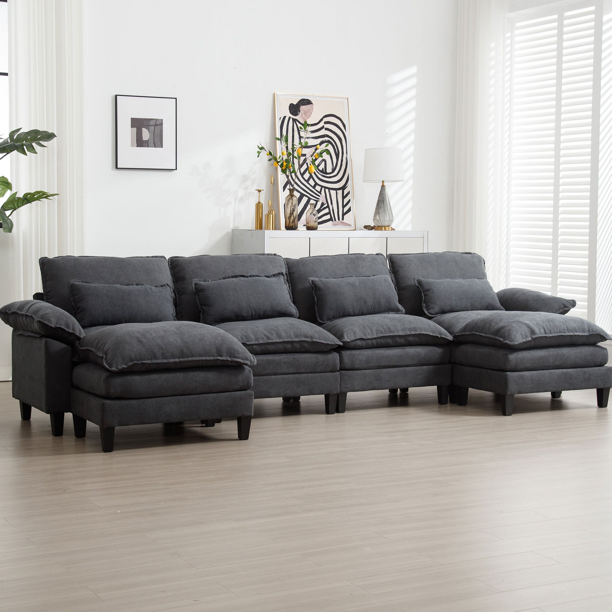 154.8" Oversized Modular Sofaice Velvet Large U Shaped Couch Comfy Upholstered 4 Seat Sofa With 2 Ottoman, 4 Lumbar Pillow, Deep Seat Couch For Living Room Dark Gray Primary Living Space Modern Foam Polyester 6 Seat