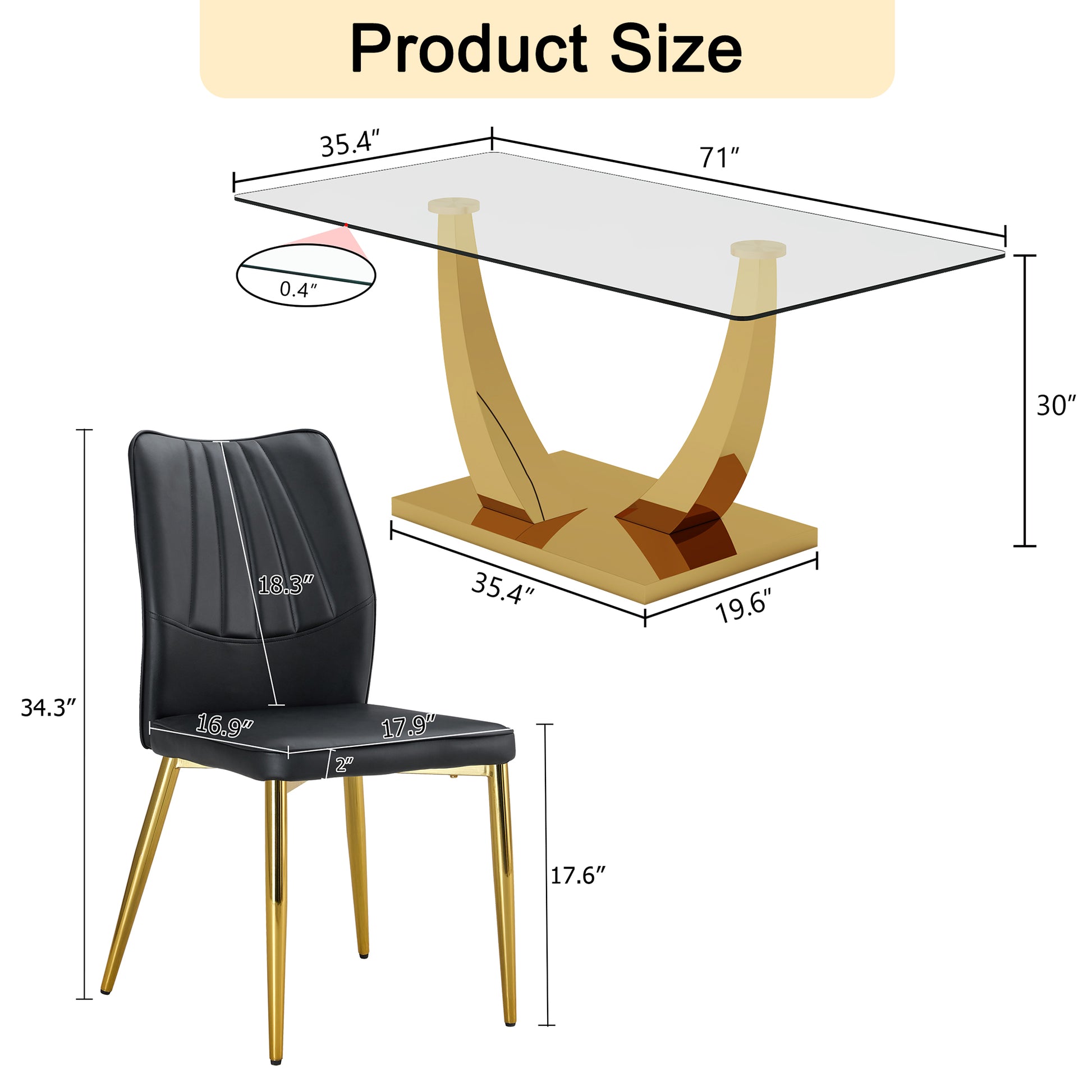 Table And Chair Set.Modern Rectangular Dining Table With Transparent Tempered Glass Tabletop And Gold Plated Metal Legs.Paried With 8 Comfortable Chairs With Pu Seats And Golden Metal Legs. Black Gold,Transparent Seats 8 Glass Metal