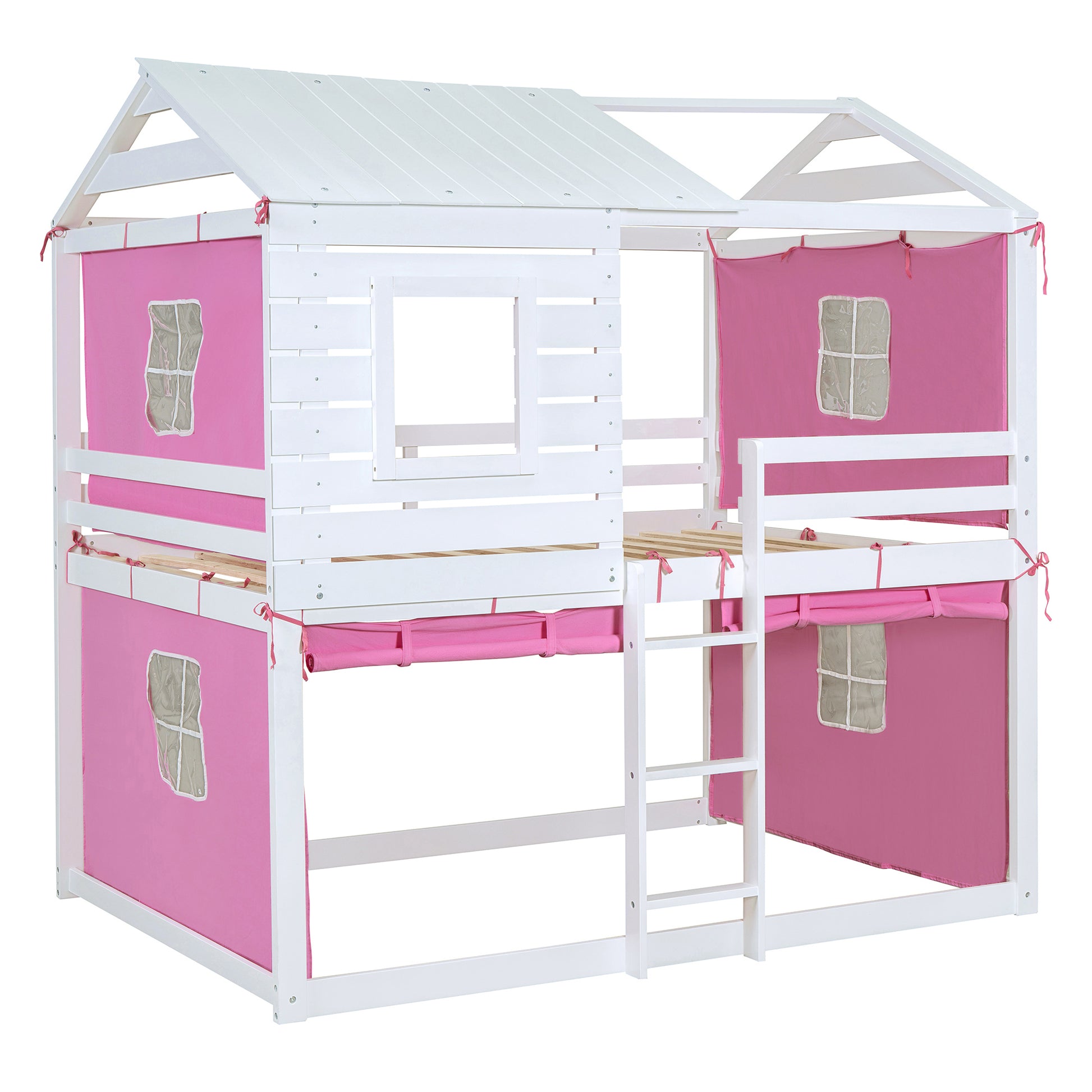 Full Size Bunk Wood House Bed With Tent, Pink White Full Pink White Solid Wood Mdf