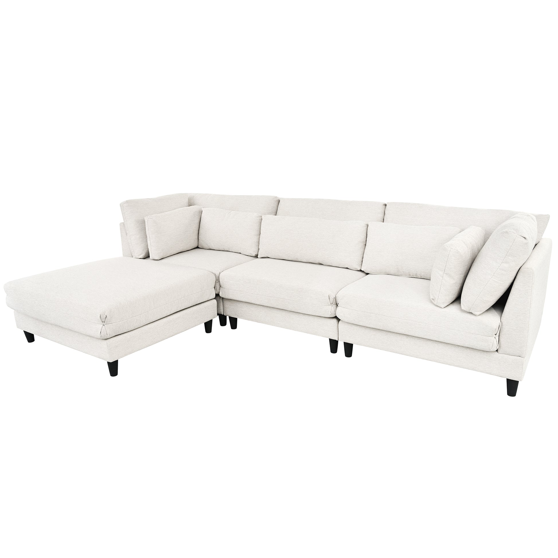 Modern Modular Sectional Sofa With Movable Ottoman, 110 Inch 4 Seat Sofa Set With 5 Pillows, Unique Piping Stitch Design, Convertible L Shaped Sofa For Living Room, Office & Spacious Rooms Beige