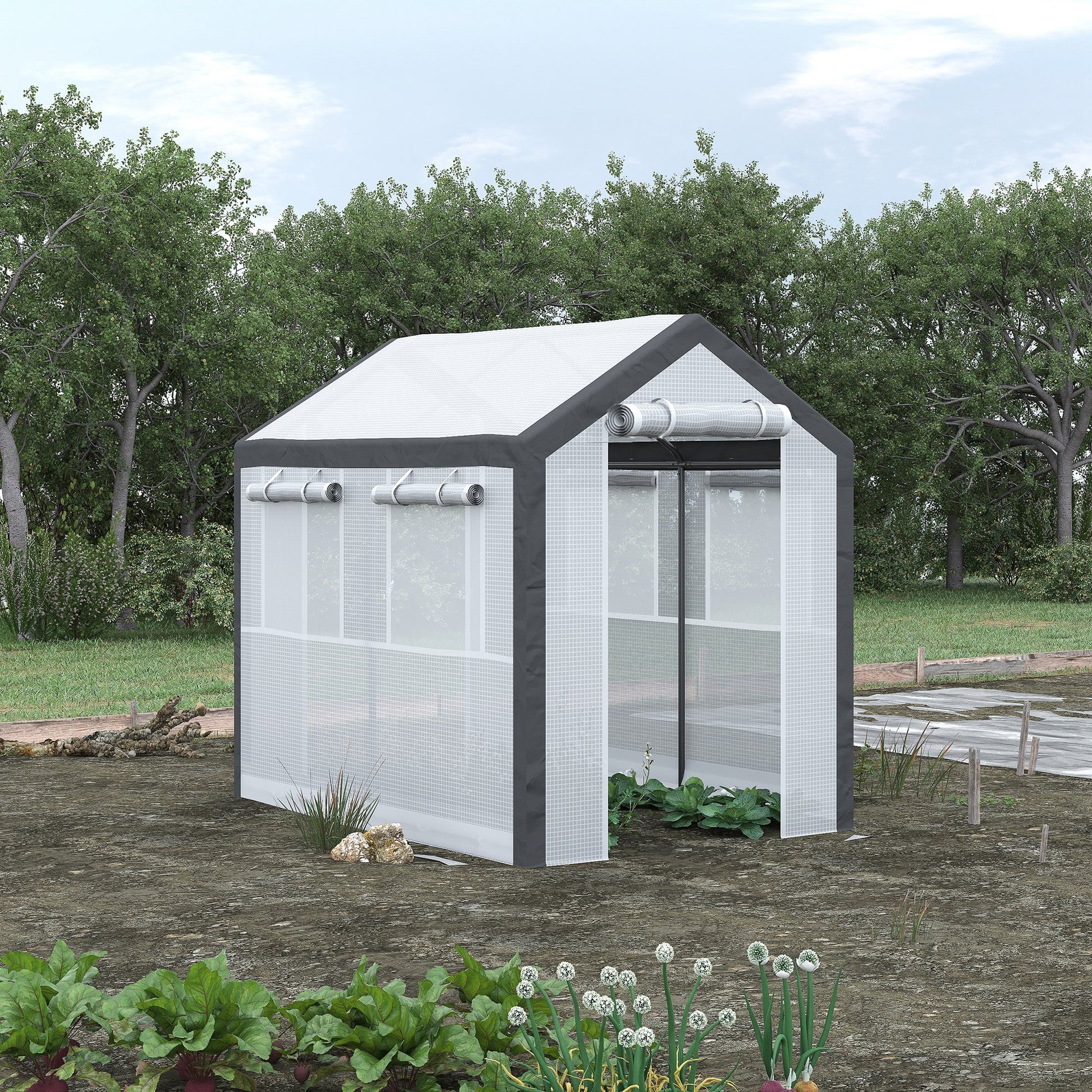 Outsunny 8' X 6' X 7.5' Walk In Greenhouse, Outdoor Gardening Canopy With 6 Roll Up Windows, 2 Zippered Doors & Weather Cover, White White Steel