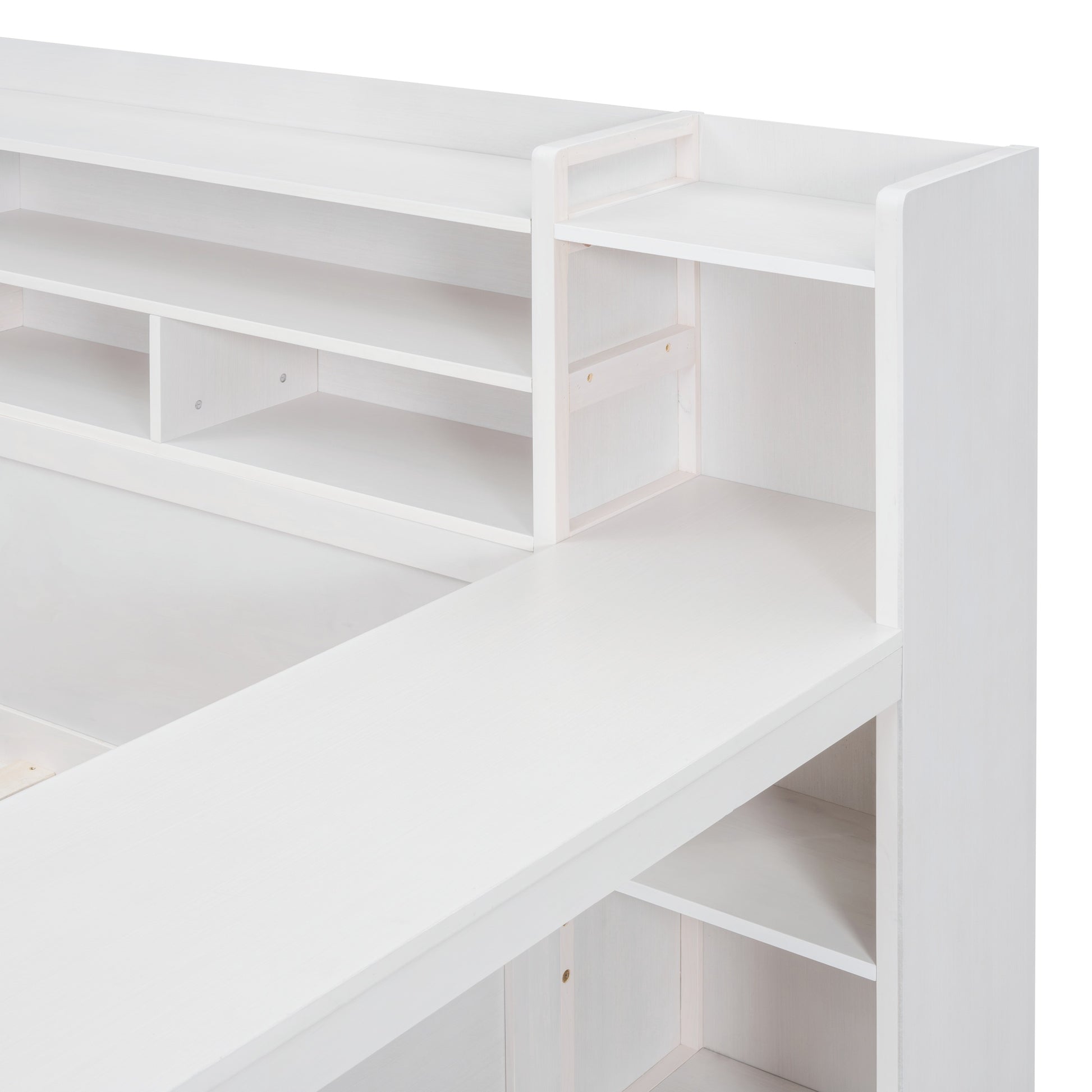 Wooden Full Size Daybed With Storage Shelves, Multi Functional Bed With Two Storage Drawers And Study Desk, Antique White Old Sku: Hl000089Aak Full Antique White Wood