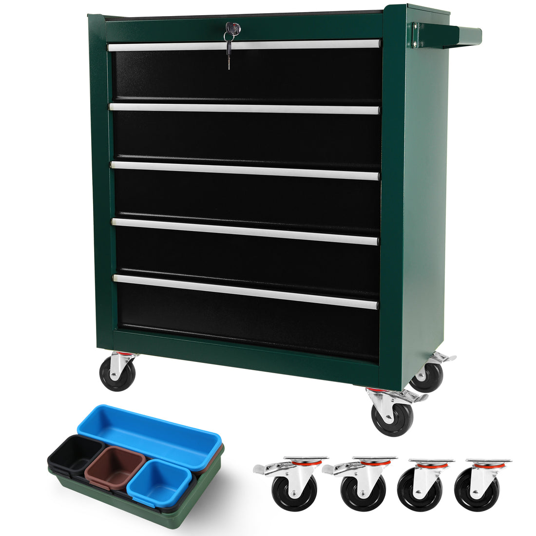 5 Drawers Rolling Tool Chest,Tool Cabinet On Wheels With Keyed Locking Stem And Drawer Liners,Tool Chest With Link Buckle And Can Be Combined To Large Cabinet Set,For Warehouse,Garage Green Steel