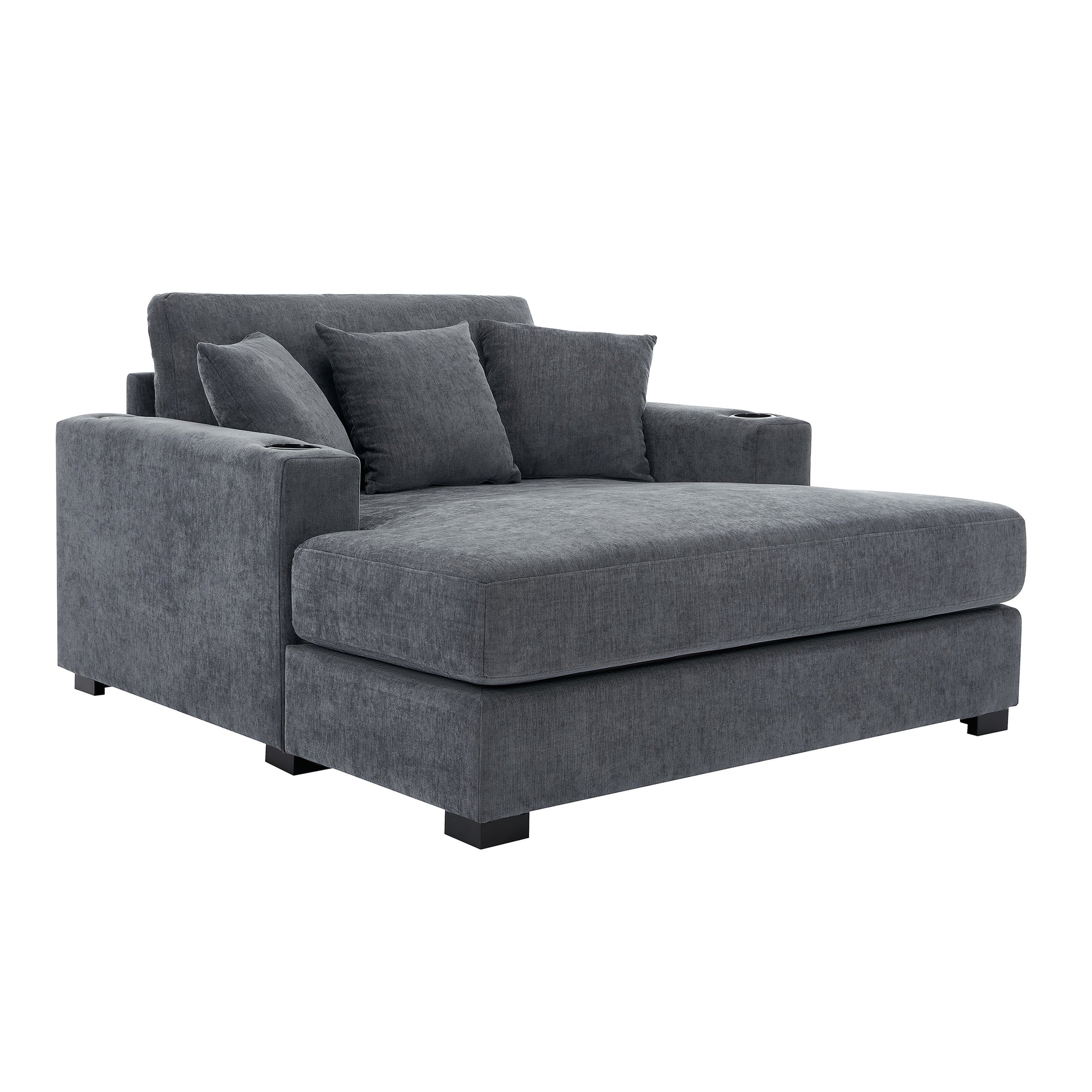 55" Oversized Chaise Lounger Modern Style Sofa Couch ,With Pillows, Charge Station & Cup Holders, Chenille Fabric, Blue Gray Blue Gray Chenille