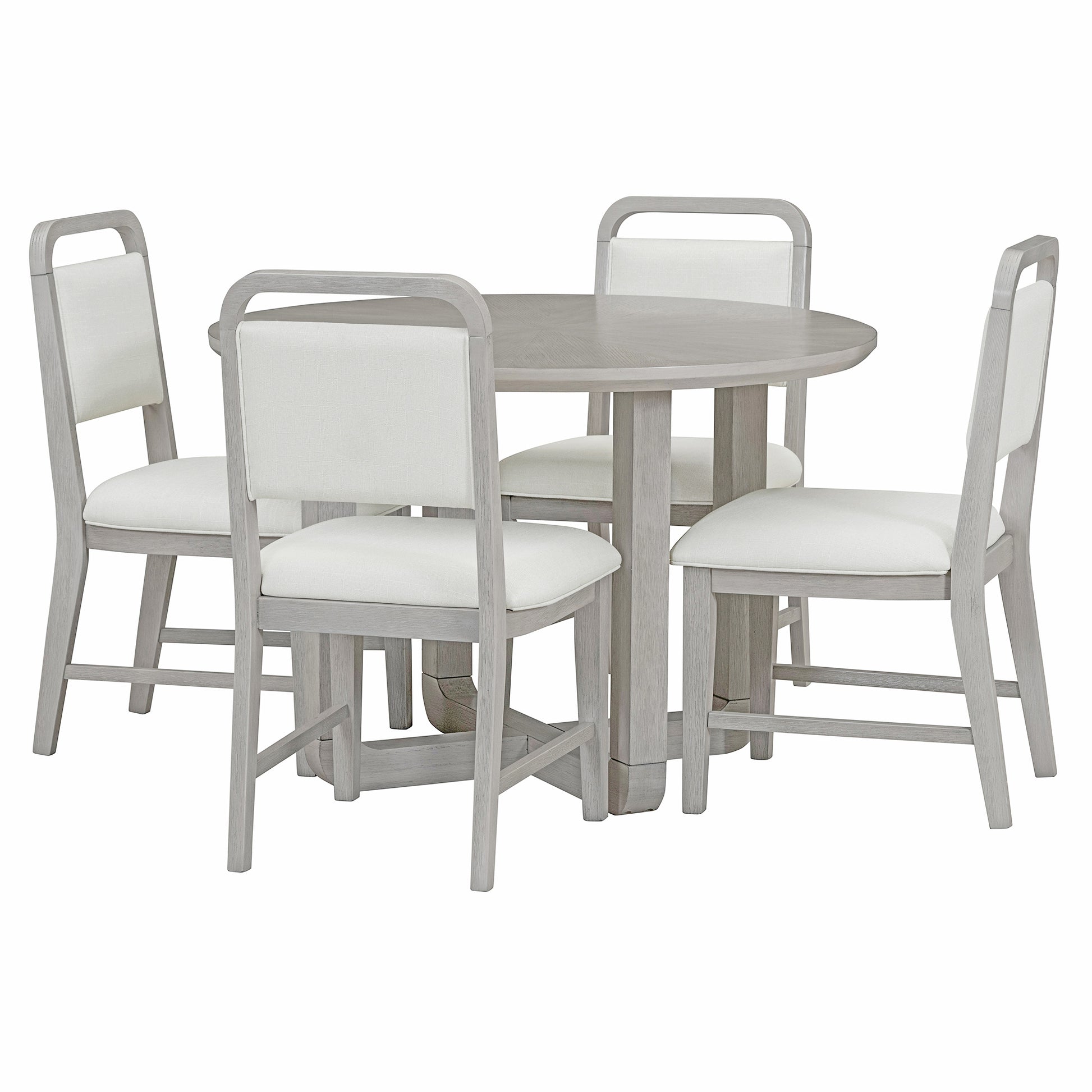 5 Piece Retro Dining Set, Round Table Top With Radial Wood Grain Design And 4 Upholstered Chairs For Dining Room And Kitchen Antique Gray Antique Gray Solid Wood Mdf