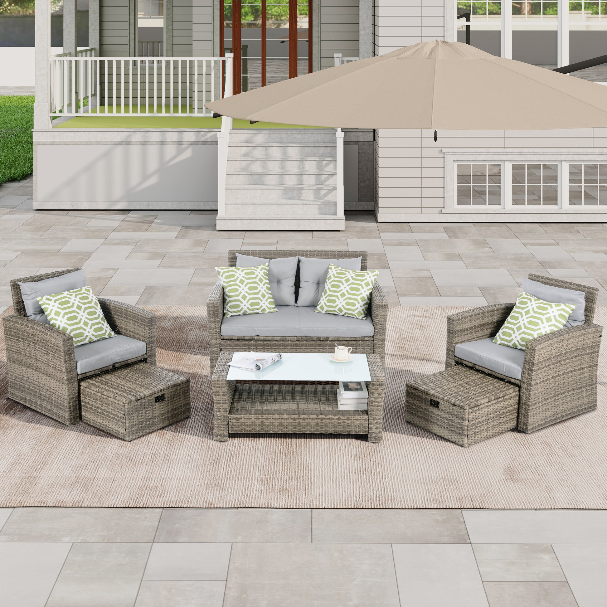 Patio Furniture, Outdoor Furniture, Seasonal Pe Wicker Furniture, 6 Set Wicker Furniture With Tempered Glass Coffee Table Brown Pe Rattan Iron Waterproof Fabric