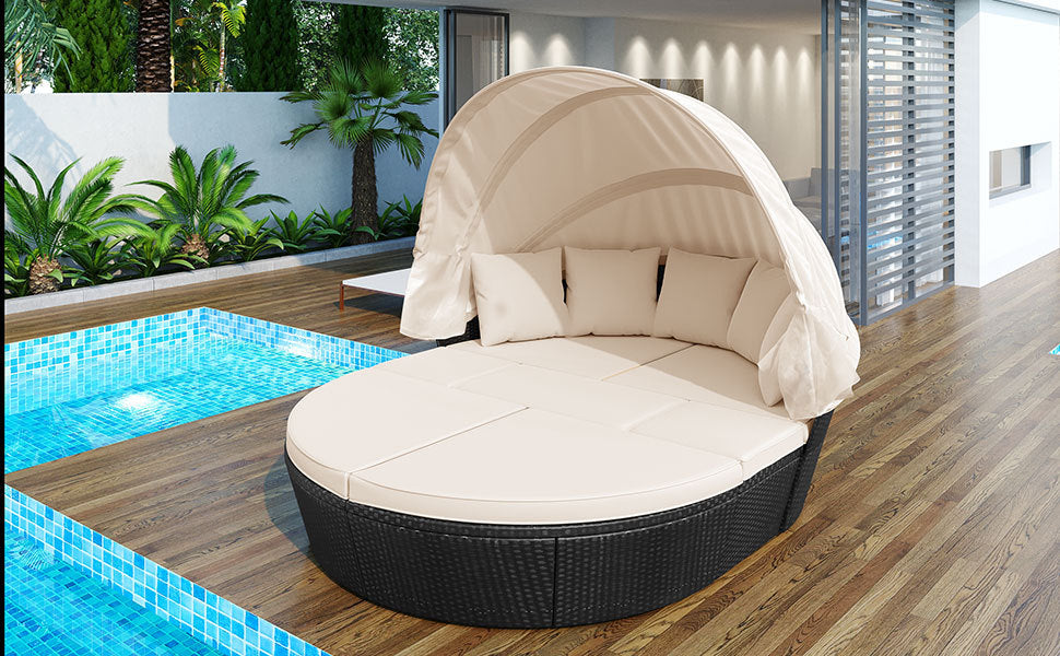 Outdoor Rattan Daybed Sunbed With Retractable Canopy Wicker Furniture, Round Outdoor Sectional Sofa Set, Black Wicker Furniture Clamshell Seating With Washable Cushions, Backyard, Porch, Beige Yes Beige Seats 8 Garden & Outdoor Foam Wicker