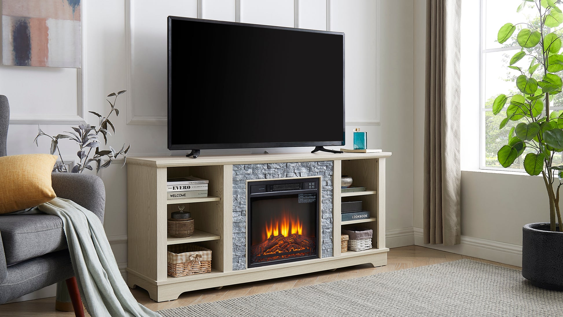 Mantel Electric Fireplace Stone Tv Media Stand, Open Storage Modern Entertainment Console Space With 18" Fireplace Insert, White, 58.31"W*15.39"D*26.06"H White 60 69 Inches Mdf