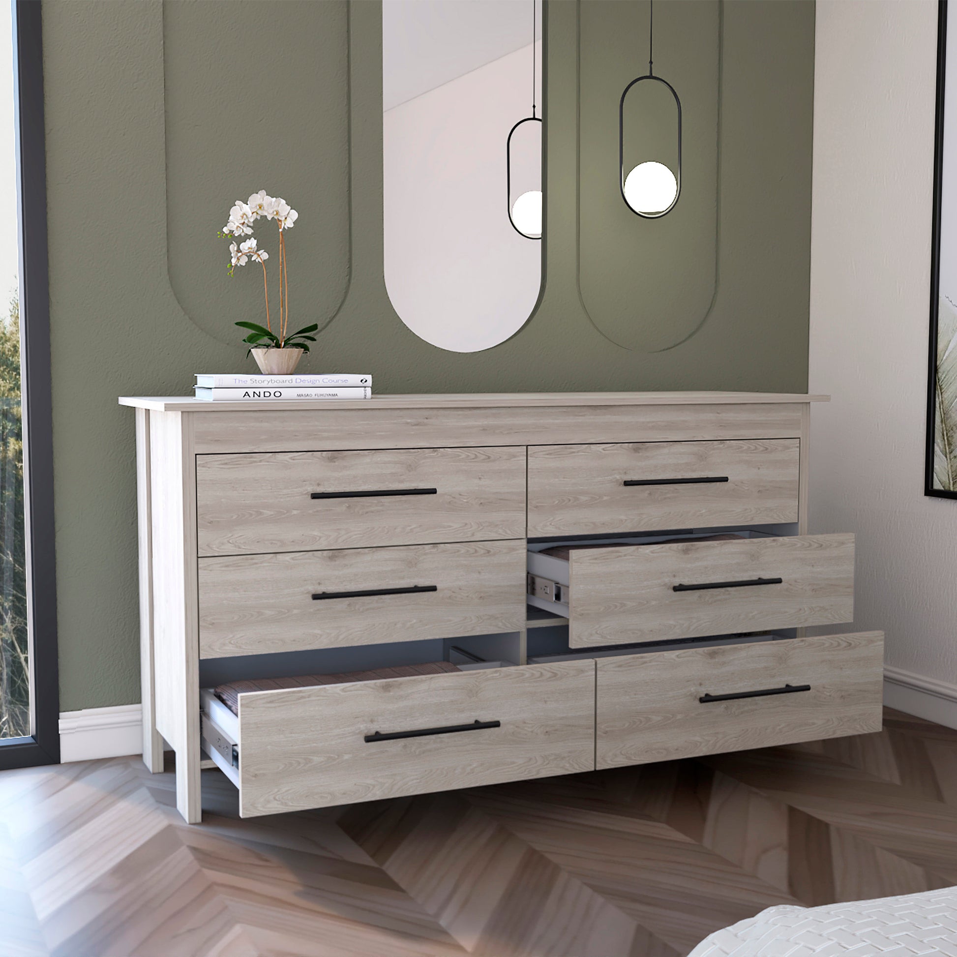 Double Dresser, Four Legs, 6 Drawer, Superior Top, Light Gray Light Gray Solid Wood Mdf Engineered Wood