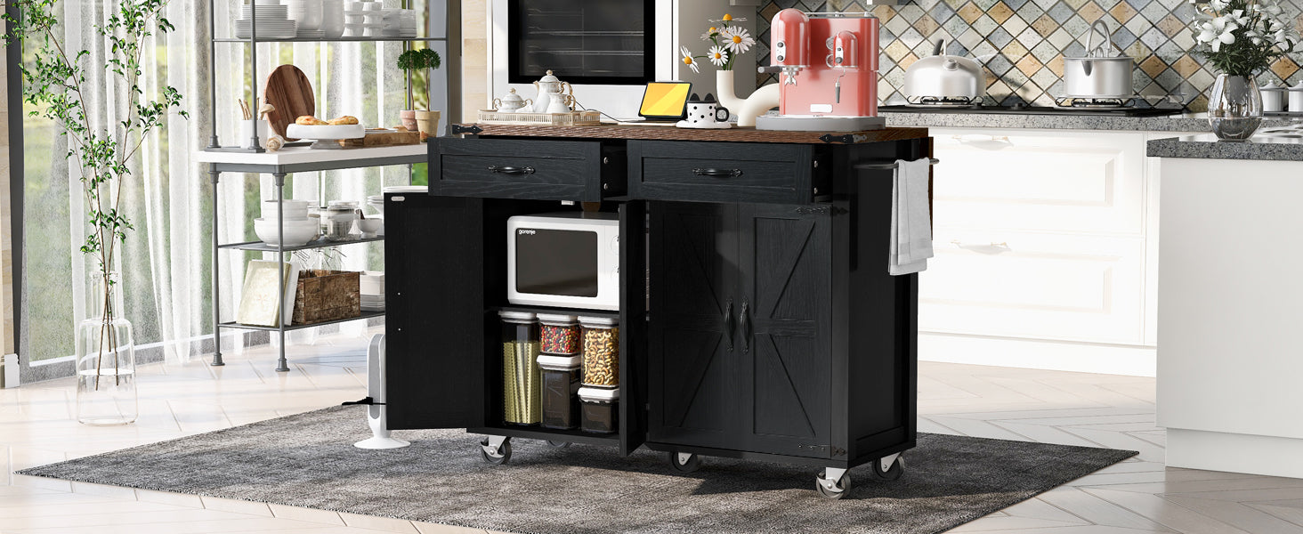 K&K 53.5''Farmhouse Kitchen Island With Power Outlet, Kitchen Storage Island With Drop Leaf, Spice Rack And Drawer, Rolling Kitchen Cart On Wheels, For Home, Kitchen And Dining Room, Black Black