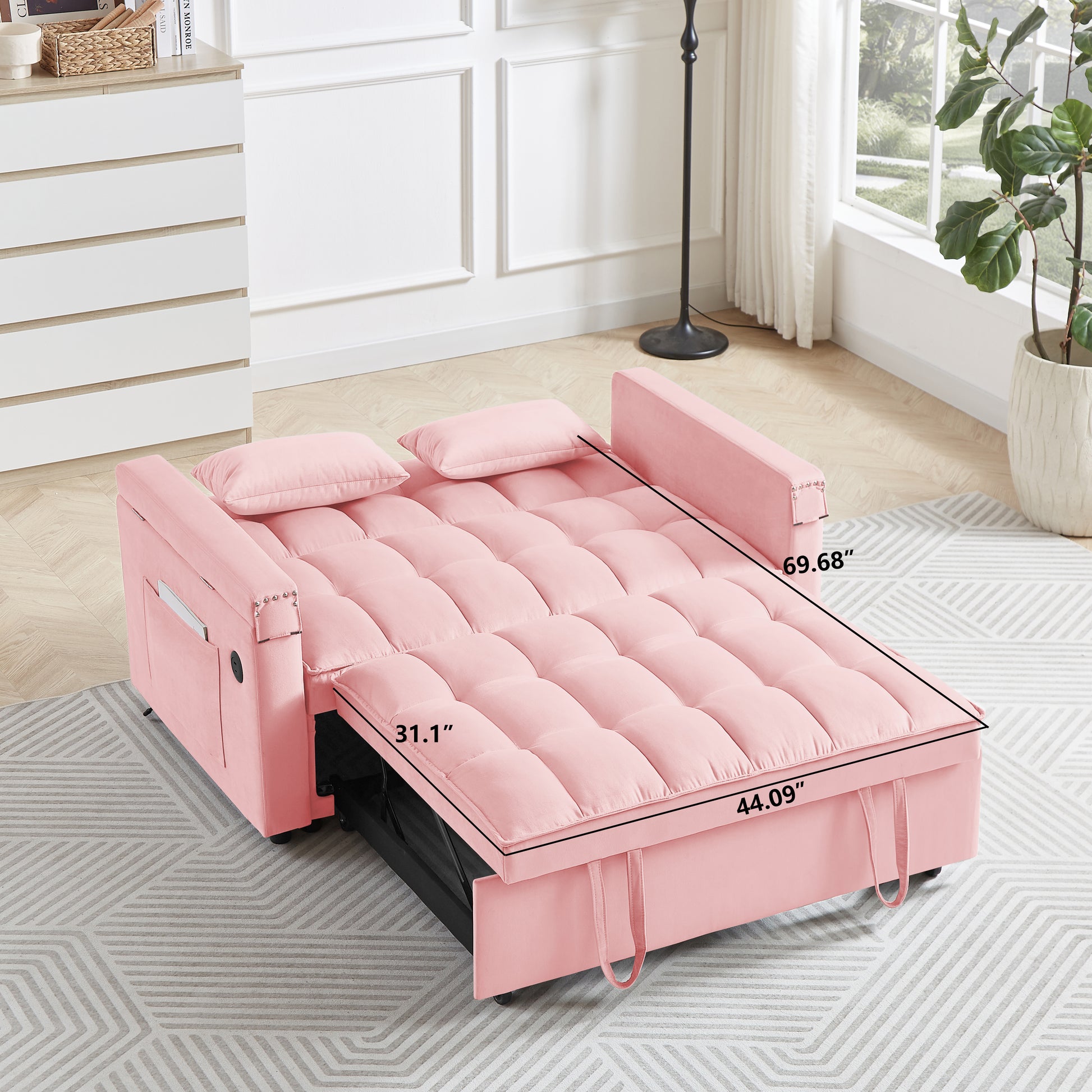 Convertible Sofa Bed In 3 Lengths, Modem Velvet Pulaut Bed, Adjustable Back And Wih Usb Port And Hidden Laptop Desk Table For Living Room, Smal Space,Pink Pink Velvet 2 Seat