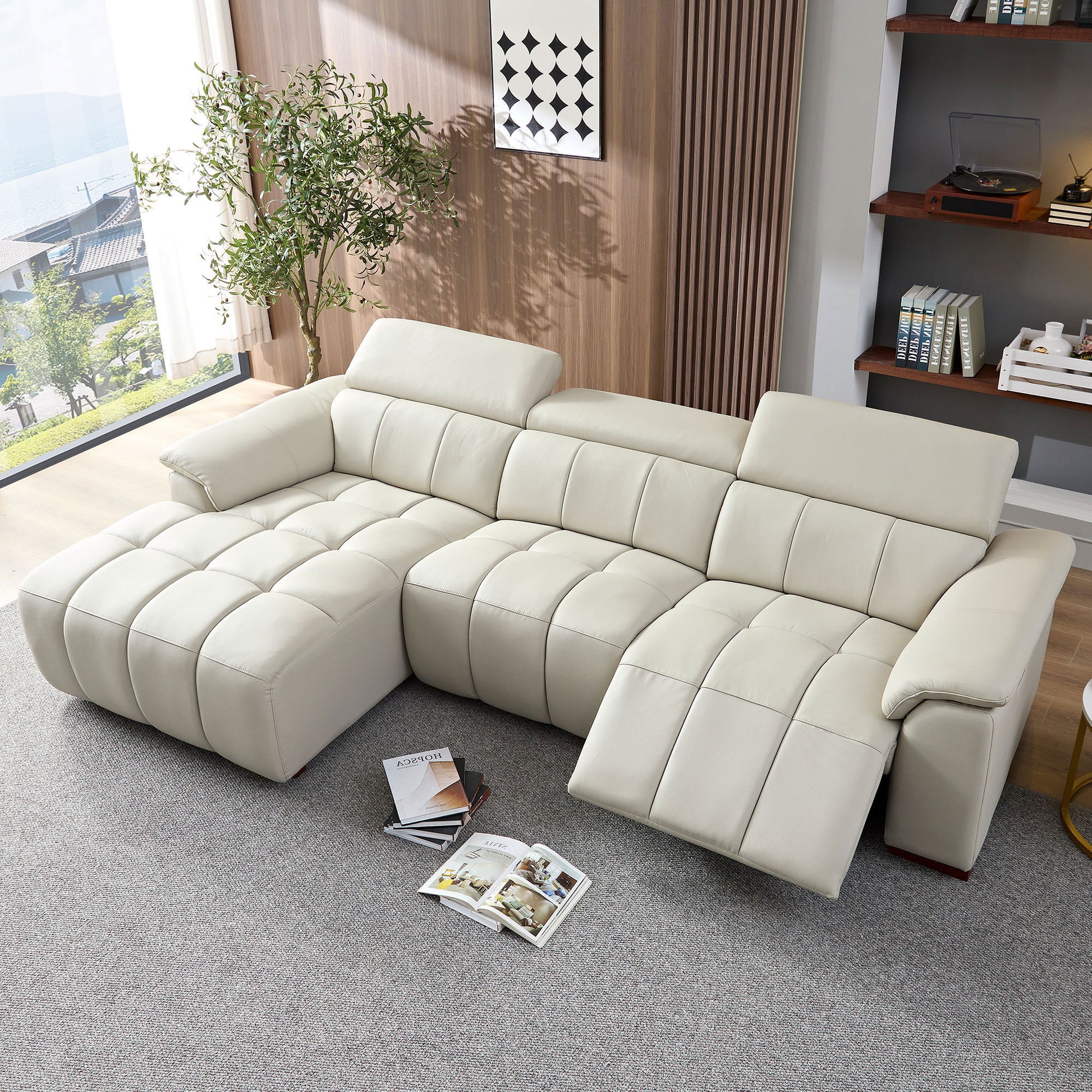 Wall Hugger Reclining Sofa Modern Electric Control Genuine Leather L Shaped Couch,Lounge Seat Theater Seating Furniture With Usb Port, Sofa With Headrest & Footrest For Living Room,Apartment,Office Light Grey Genuine Leather 3 Seat