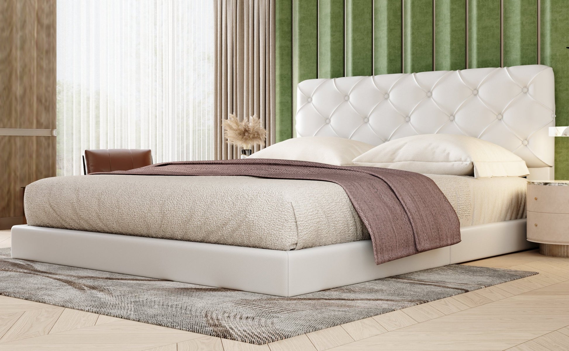 Queen Size Tufted Upholstered Platform Bed, White Box Spring Not Required Queen White Wood Bedroom Bed Frame Faux Leather Upholstered