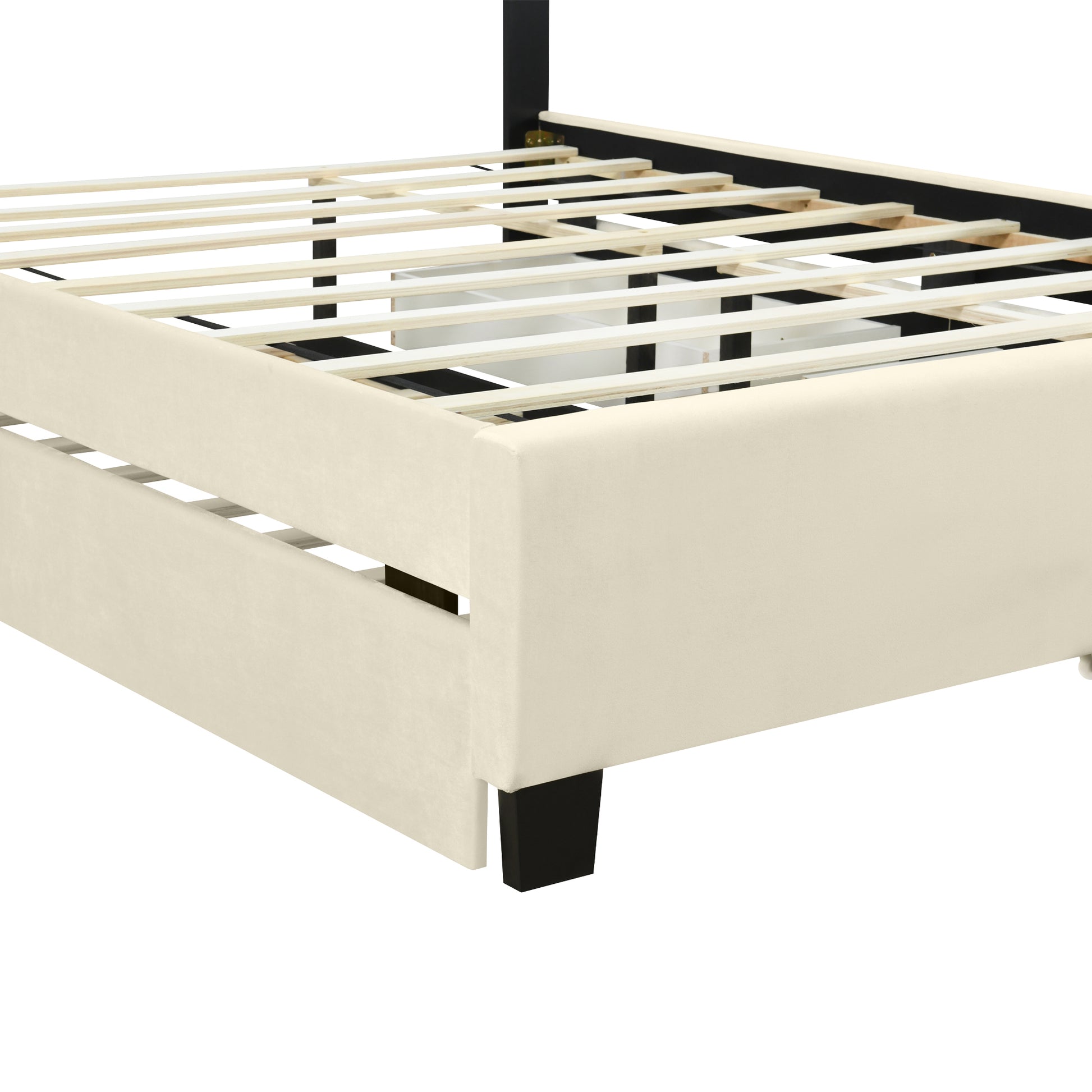 Queen Size Upholstered Platform Bed With 2 Drawers And 1 Trundle, Classic Metal Strip Headboard Design, Beige Queen Beige Mdf Lvl