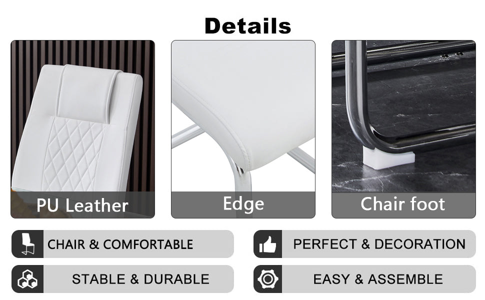 Table And Chair Set.Modern Dining Table, Tempered Glass Countertop With Artistic Mdf Legs.Paried With 4 Comfortable Chairs With Pu Seats And Metal Legs. Suitable For Various Decoration Styles. Transparent,White Seats 4 Mdf Glass