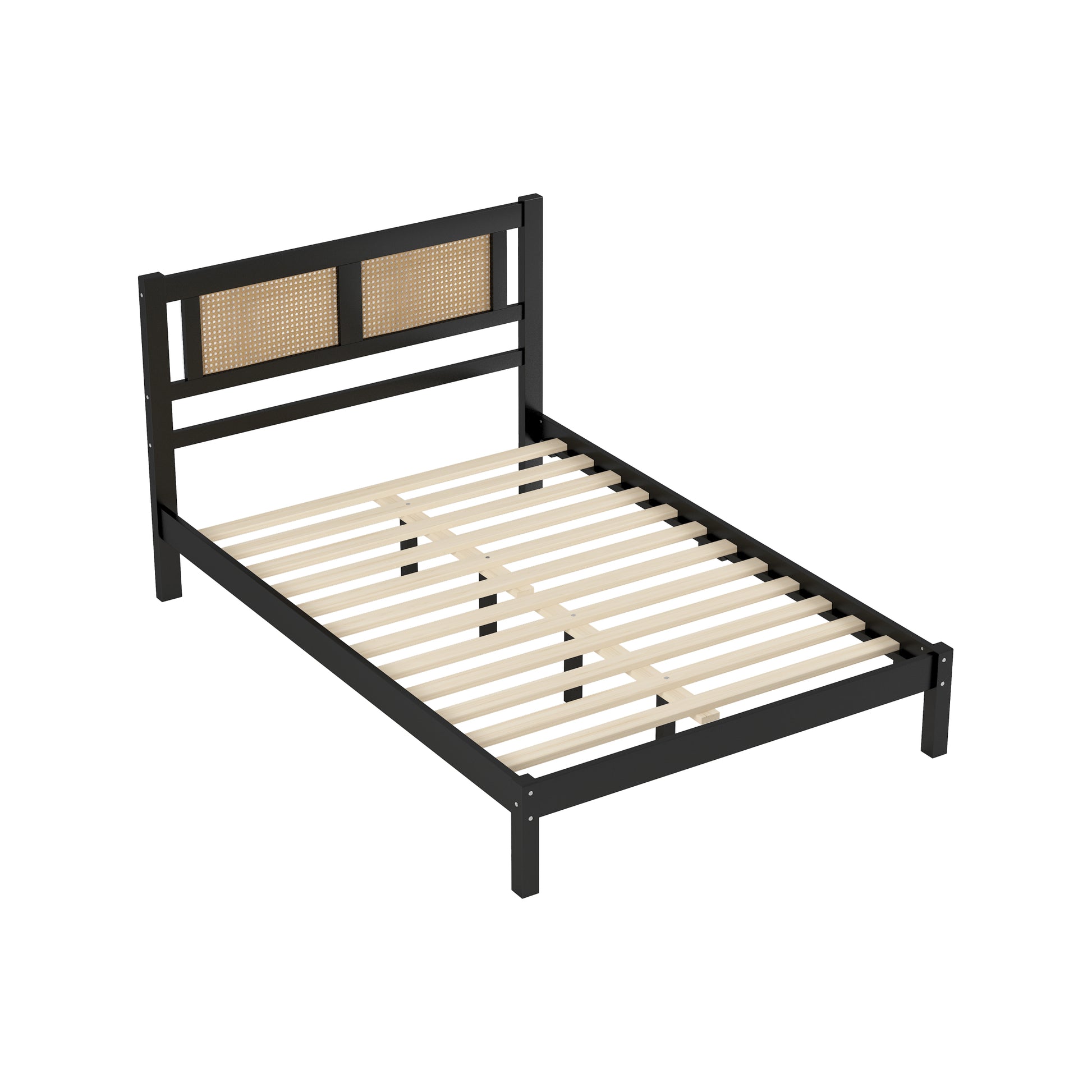 Full Size Wooden Platform Bed With Natural Rattan Headboard, Exquisite Elegance With Minimalist Charm For Bedroom, Black Black Particle Board