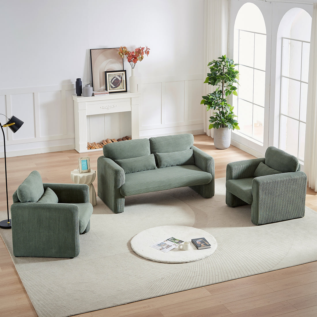 60"Corduroy Fabric Sofa With Two 33" Single Sofa, Modern Sofa With Support Pillow, For Apartment, Office, Living Room & Bedroom Green Corduroy 4 Seat