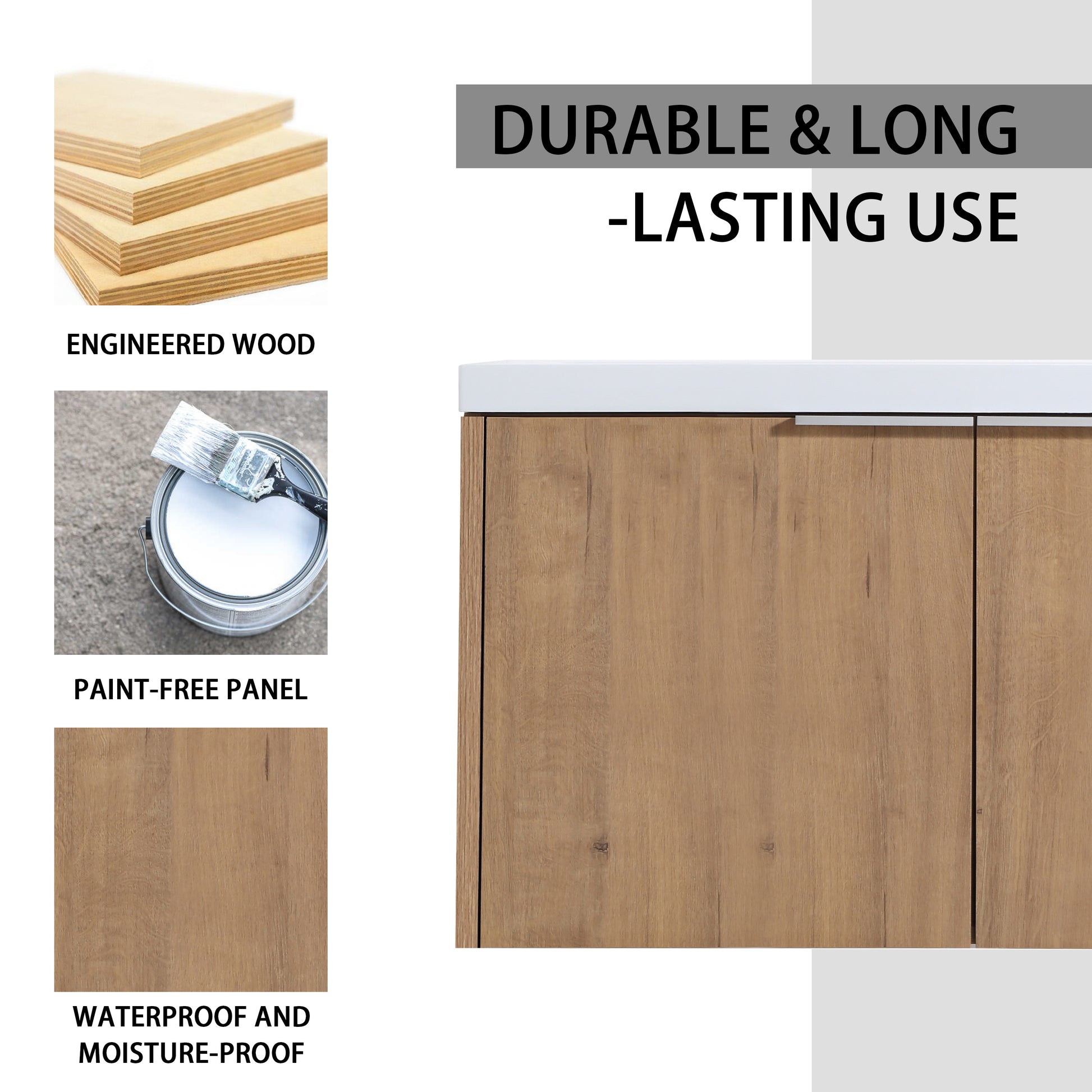 48" Wall Mounted Bathroom Vanity With Sink And Side Cabinet, Soft Close Doors,00112Imo 0636Imo 0612Gwh Combination Cabinet Kd Packing Imitative Oak Bathroom Modern Plywood Plywood