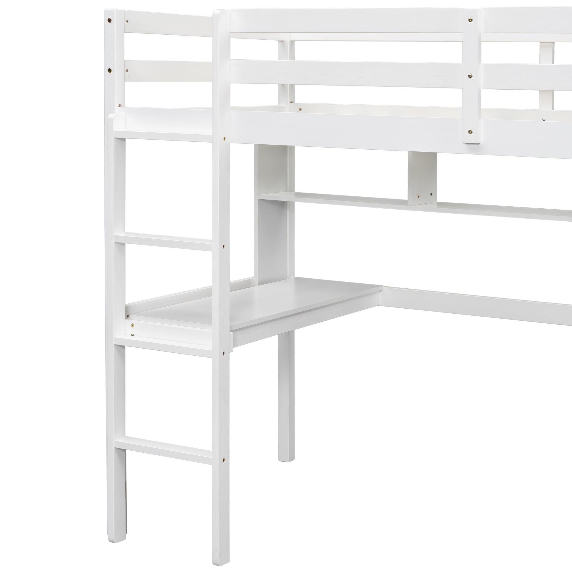 Twin Loft Bed With Built In Desk And Bookcase Of Three Compartments, Guardrails And Ladder,White Twin White Pine