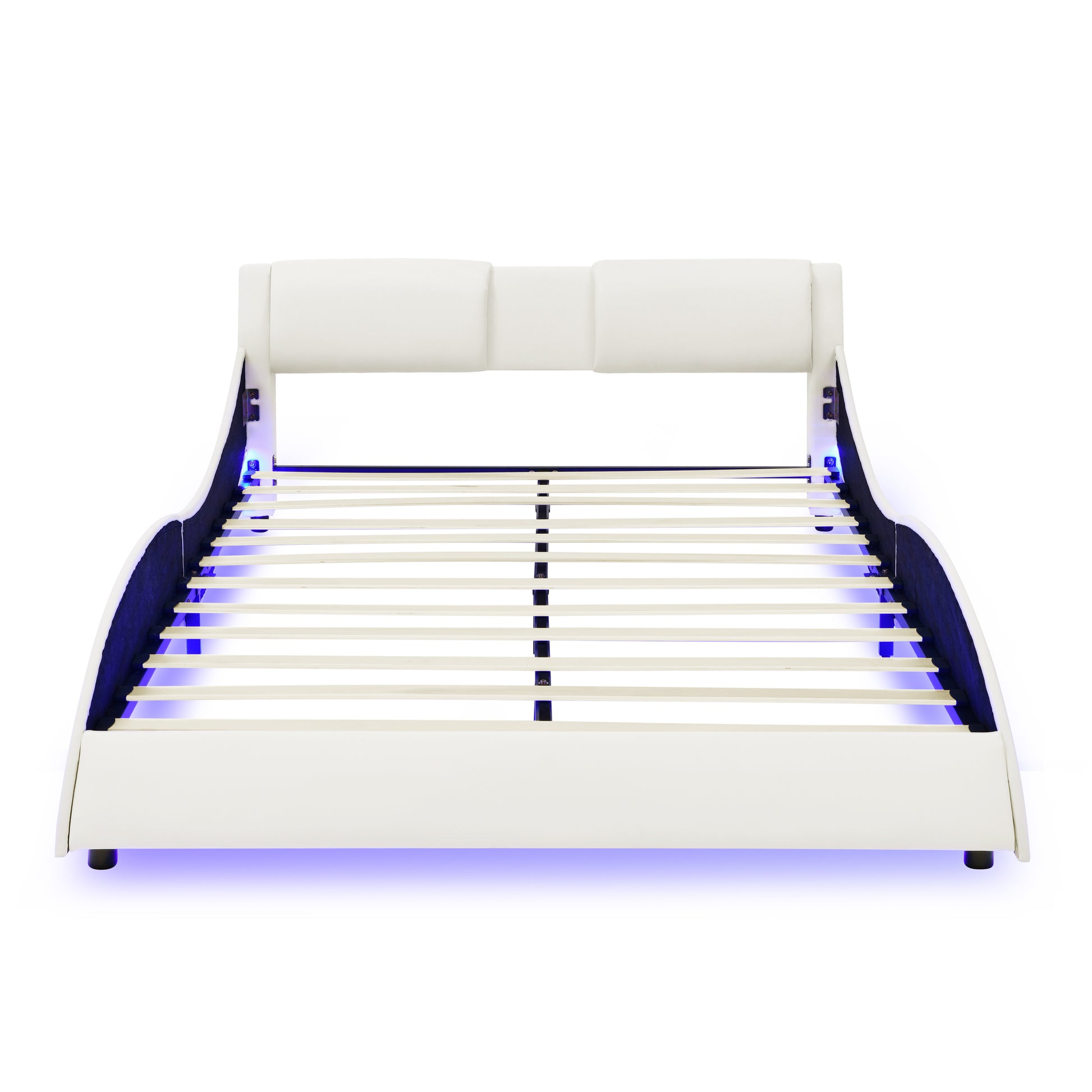 Queen Led Bed Frame Modern Faux Leather Upholstered Platform Bed Frame With Rgb Led Lights And Headboard Wave Like Curve Low Profile Bed Frame,Wood Slats Support,Easy Assembly, White Queen White Pu