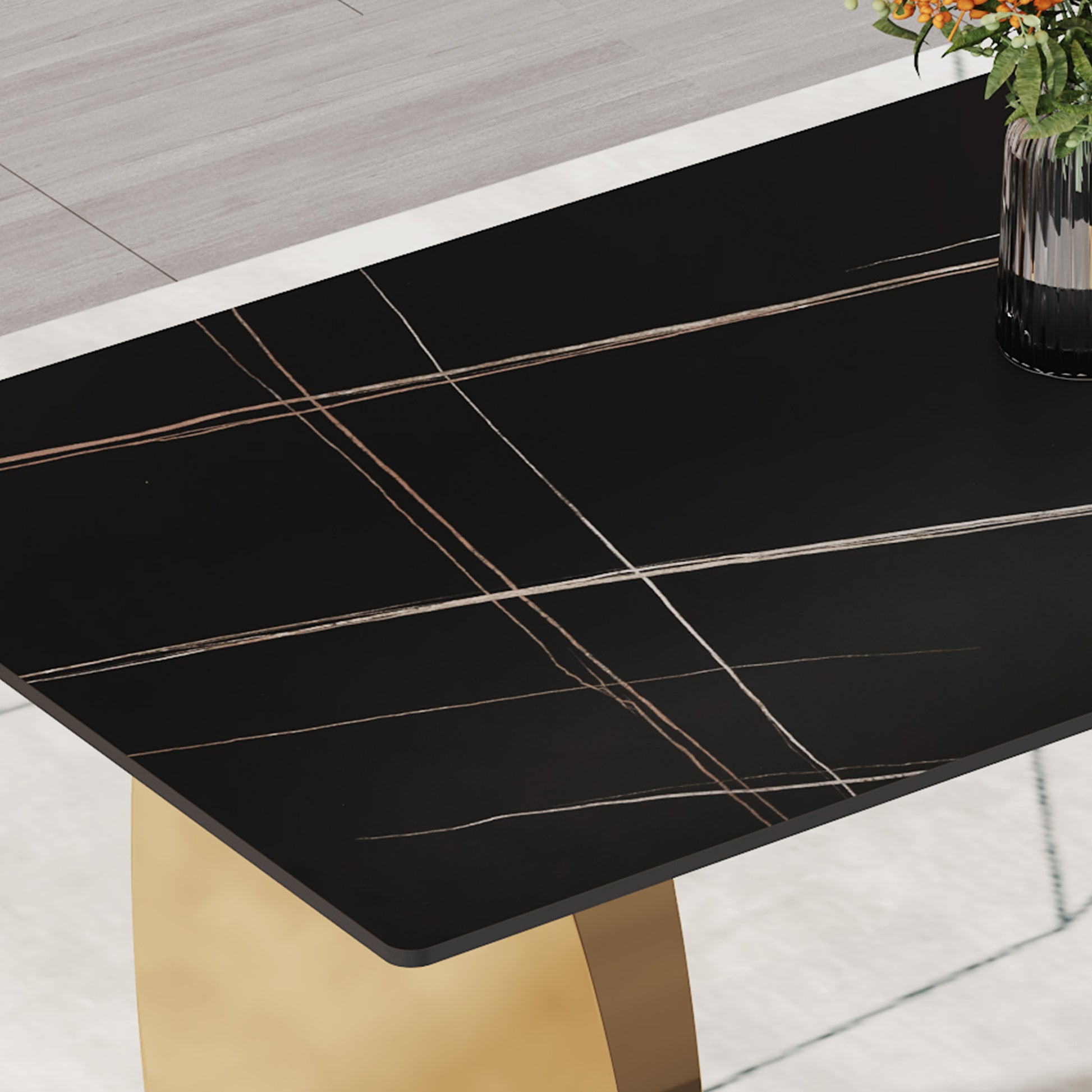 Table And Chair Set,Modern Rectangular Table With 0.4 Inch Black Patterned Tabletop And Gold Legs, Suitable For Kitchen, Dining Room, And Living Roomcomfortable Pu Seats,Perfect For Dinner, Meet White Black Seats 4 Sintered Stone