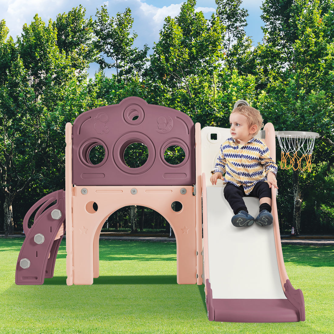 7 In 1 Toddler Slide Set, Freestanding Space Set With Slide, Kids Slide Playset Structure, Arch Tunnel And Basketball Hoop, Toy Storage Organizer For Toddlers, Kids Climbers Playground Purple 50 99 Lbs Cute 1 To 2 Years Hdpe Indoor & Outdoor Use