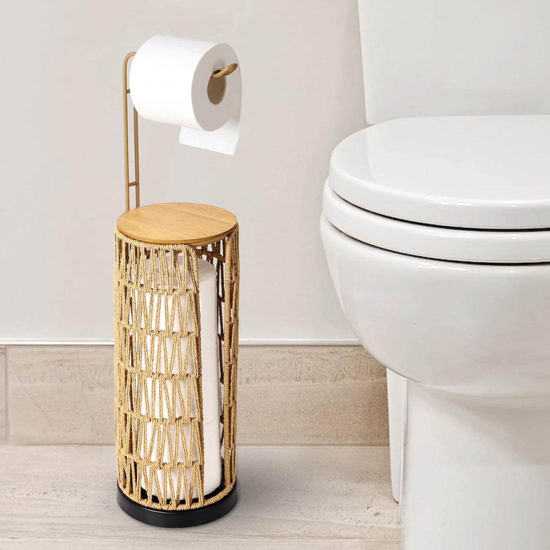 Freestanding Toilet Paper Holder With Storage,3 Rolls Of Tissue Holder For Bathroom,Handmade Woven Toilet Paper Roll Holder Stand,Rattan Sturdy Boho Bathroom Decor Farmhouse Toilet Paper Storage Brown Rattan Metal