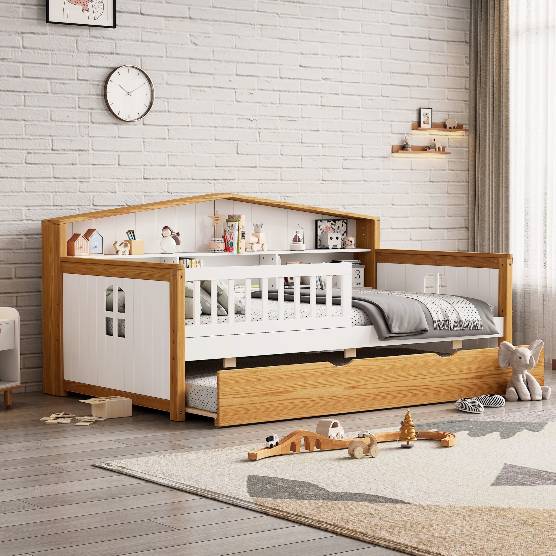 Twin Size House Shape Daybed With Trundle And Bookcase Headboard Wooden Bed For Girls Boys Teens, No Box Spring Needed, Walnut And White Box Spring Not Required Twin White Walnut Wood Bedroom Cute Pine Bed Frame Wood