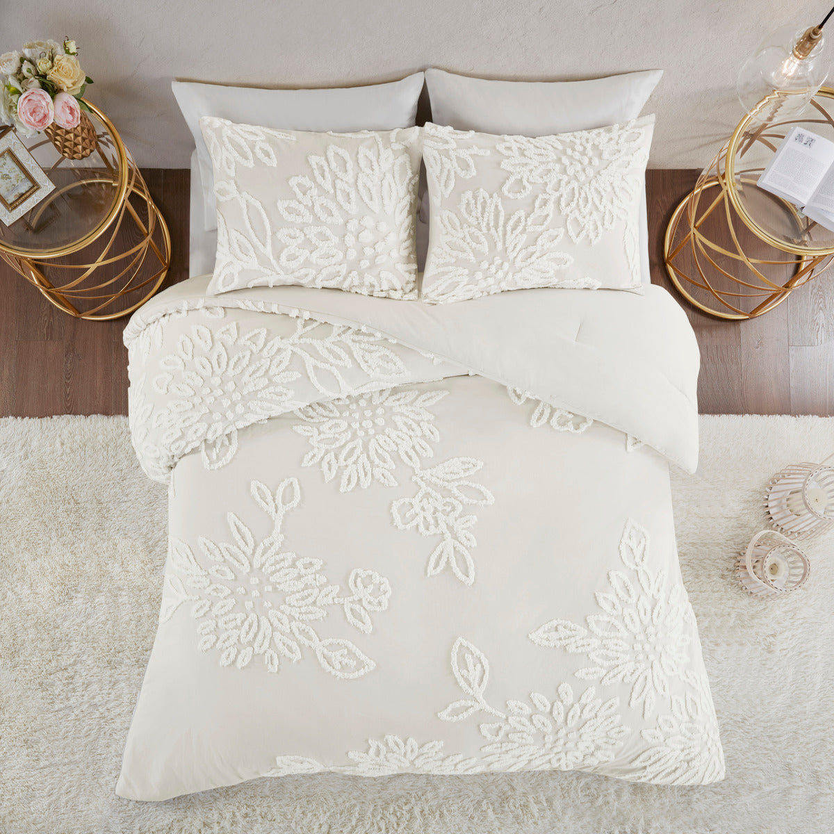 3 Piece Tufted Cotton Chenille Floral Comforter Set Off White King Cal King King Off White Cotton
