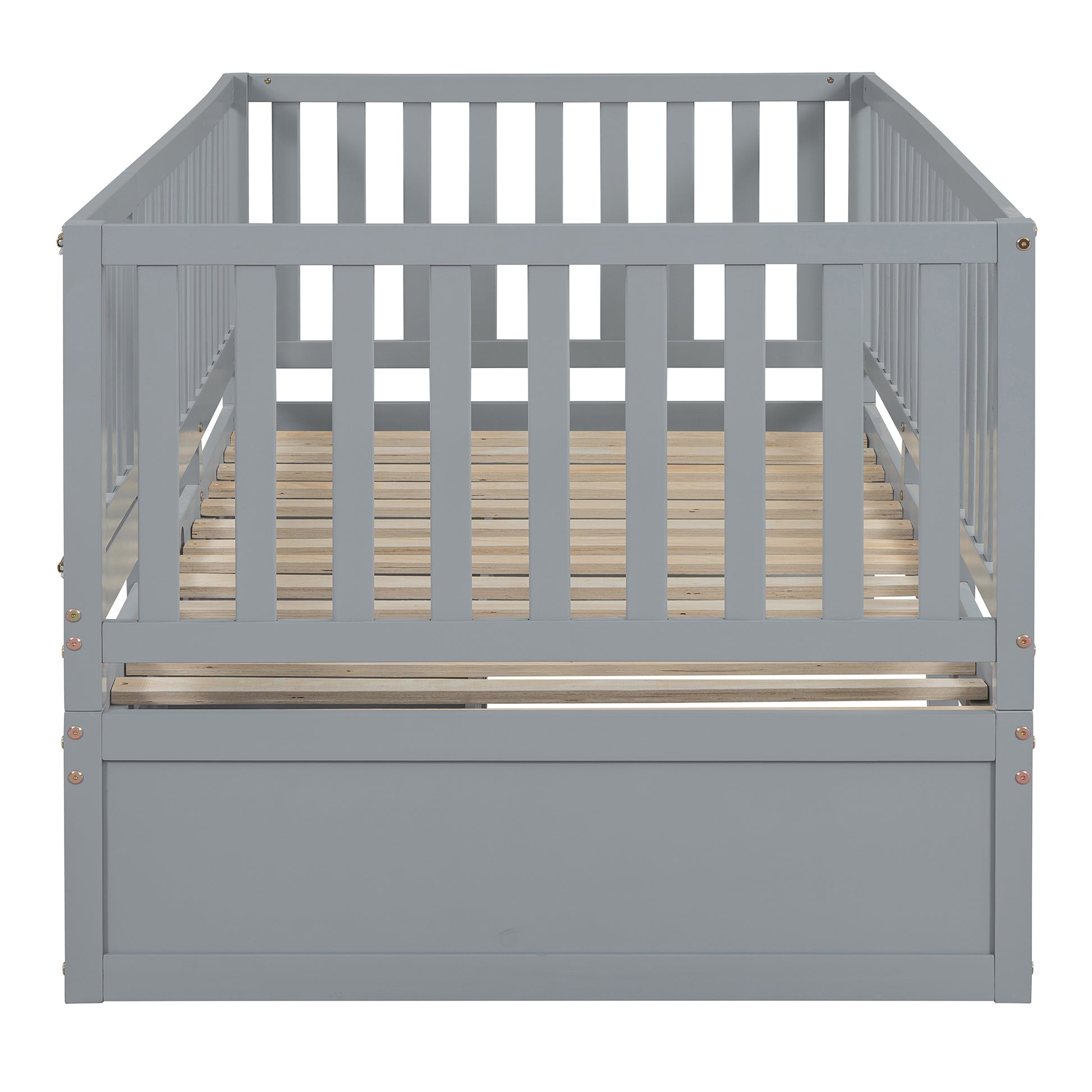 Twin Size Wood Daybed With Fence Guardrails And 2 Drawers, Split Into Independent Floor Bed & Daybed, Gray Old Sku :Lp000881Aae Twin Gray Solid Wood Mdf