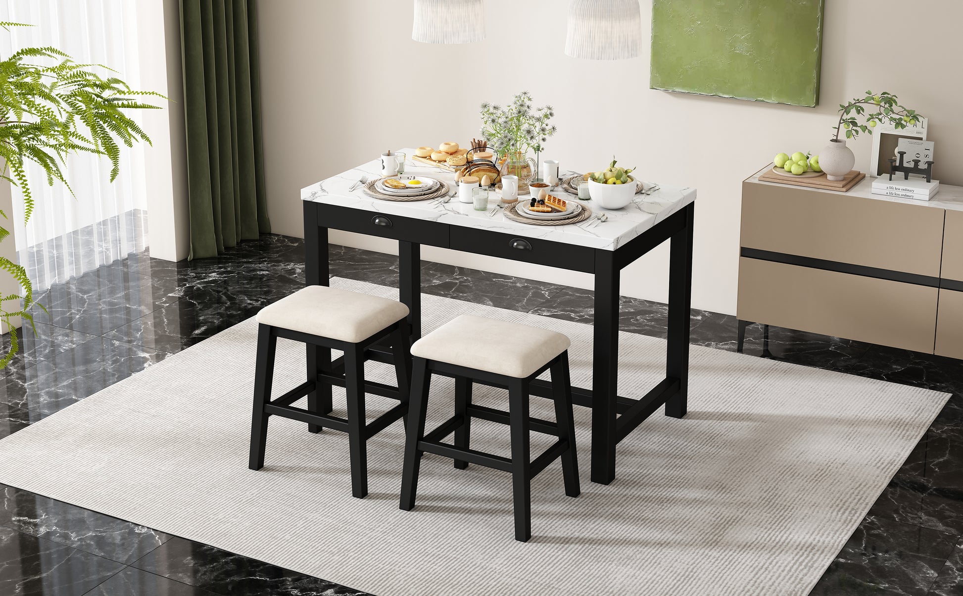 5 Piece Modern Faux Marble Versatile Bar Table Set With Storage Drawers And Padded Stools, Ideal For Space Saving Dining Nooks Or Small Kitchens Black Black Solid Wood Mdf